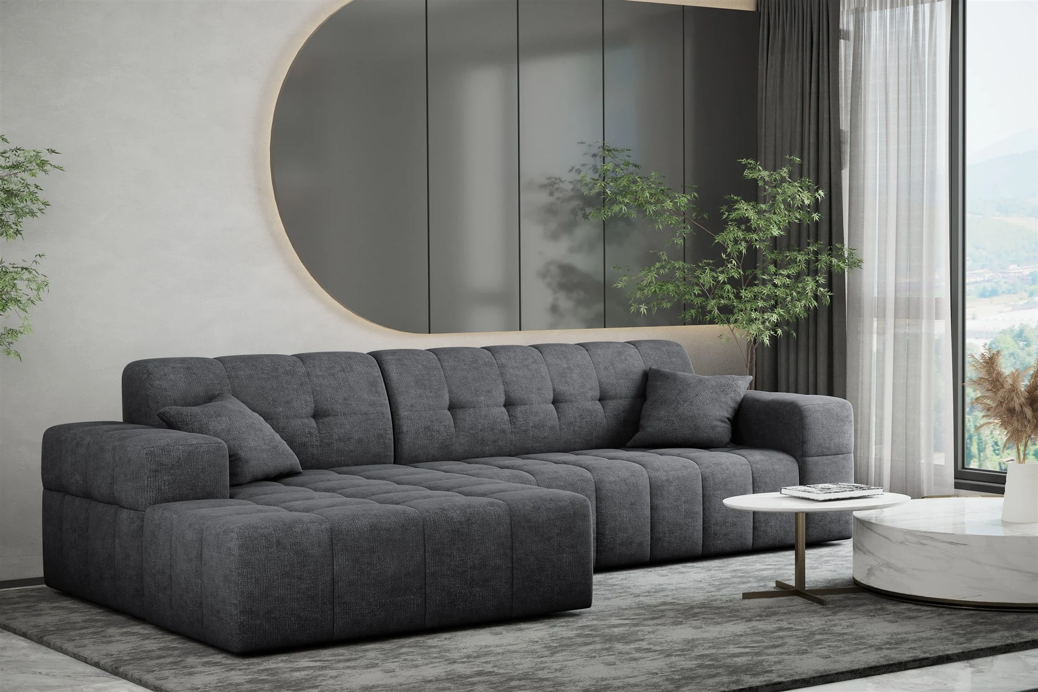 Ecksofa Designersofa NANCY in Stoff Perfekt Harmony Anthrazit Ottomane Links - Fun Möbel