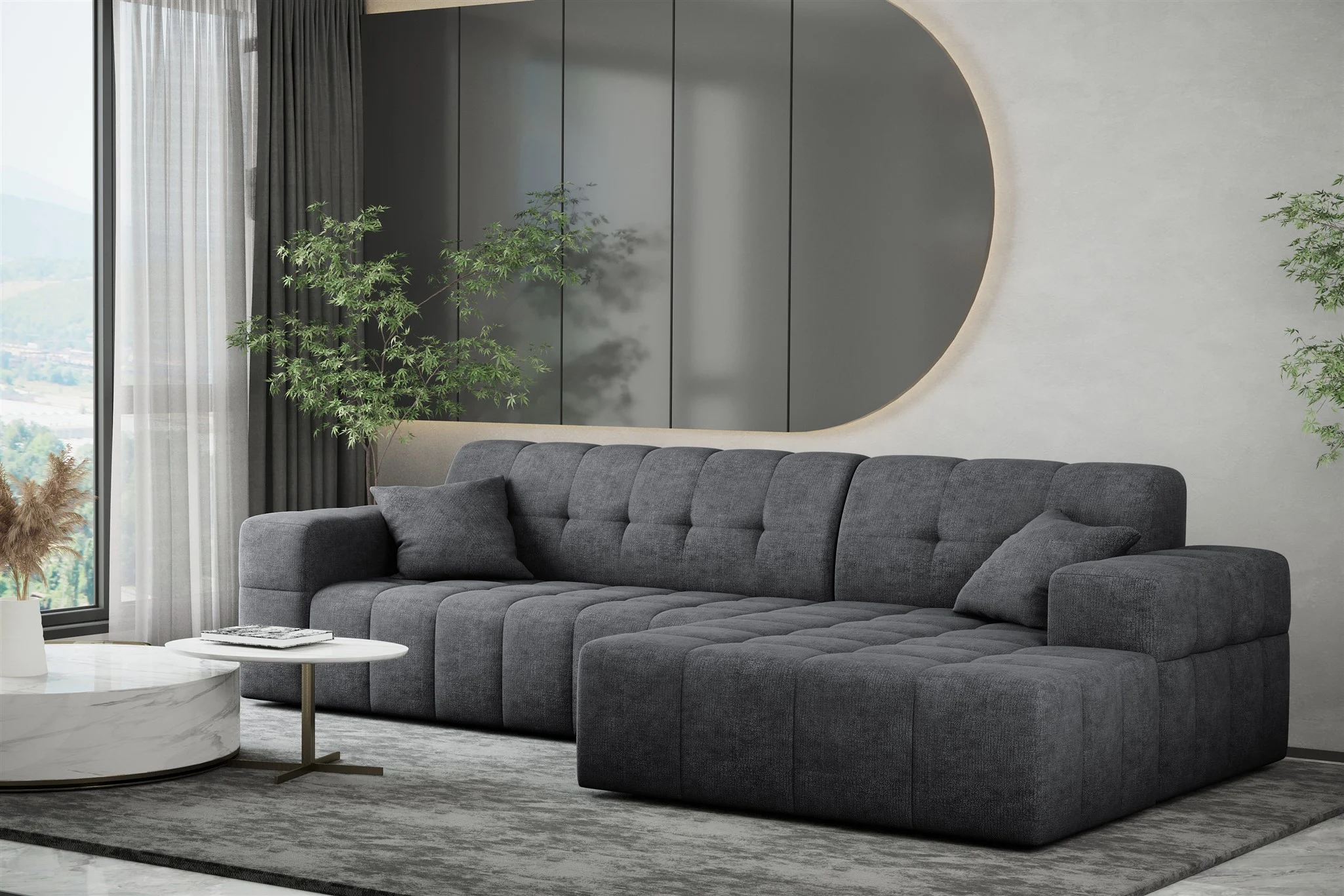 Ecksofa Designersofa NANCY in Stoff Perfekt Harmony Anthrazit Ottomane Rechts - Fun Möbel