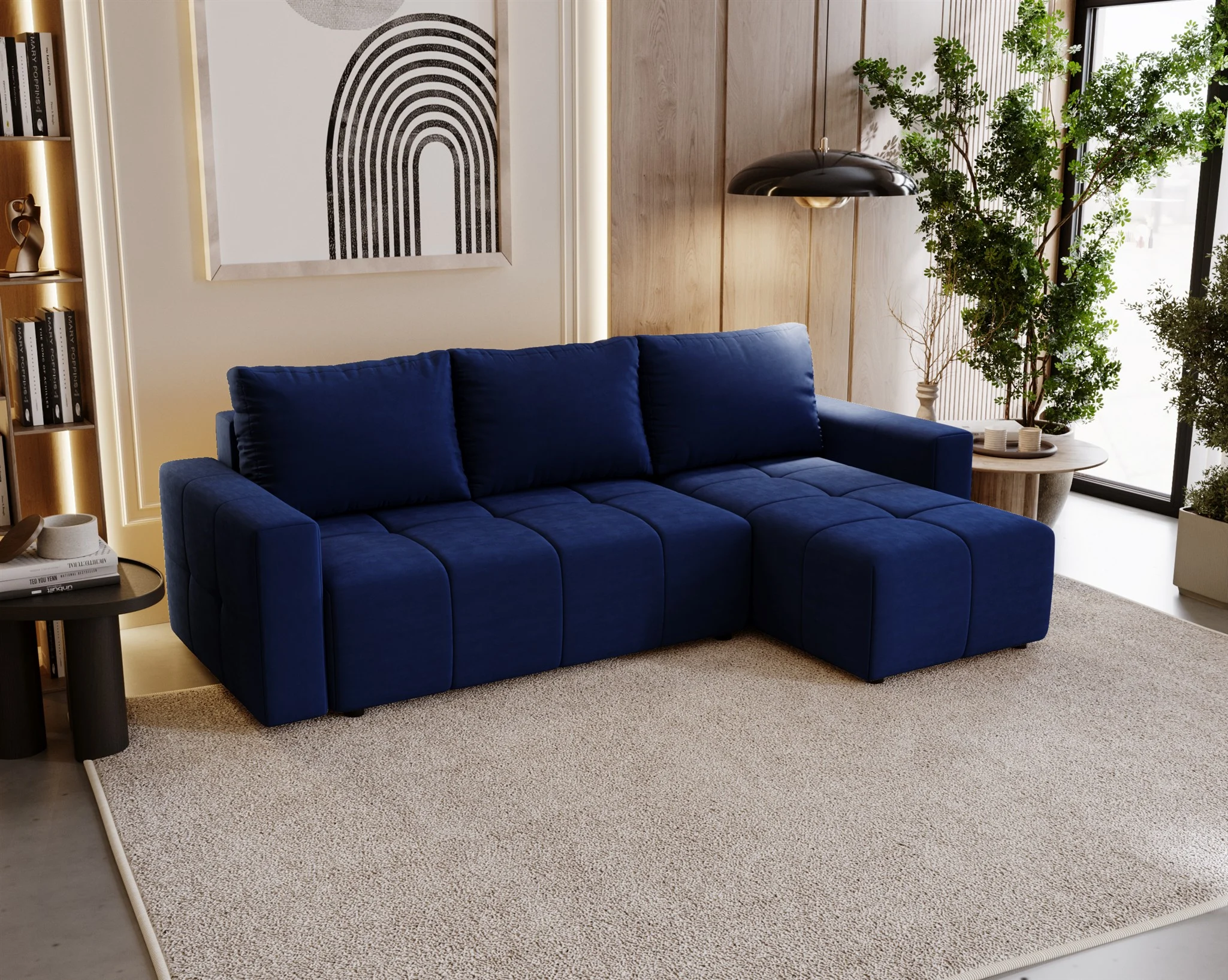 Ecksofa Schlafsofa NOHA in Stoff Kronos Dunkelblau Ottomane Rechts - Fun Möbel
