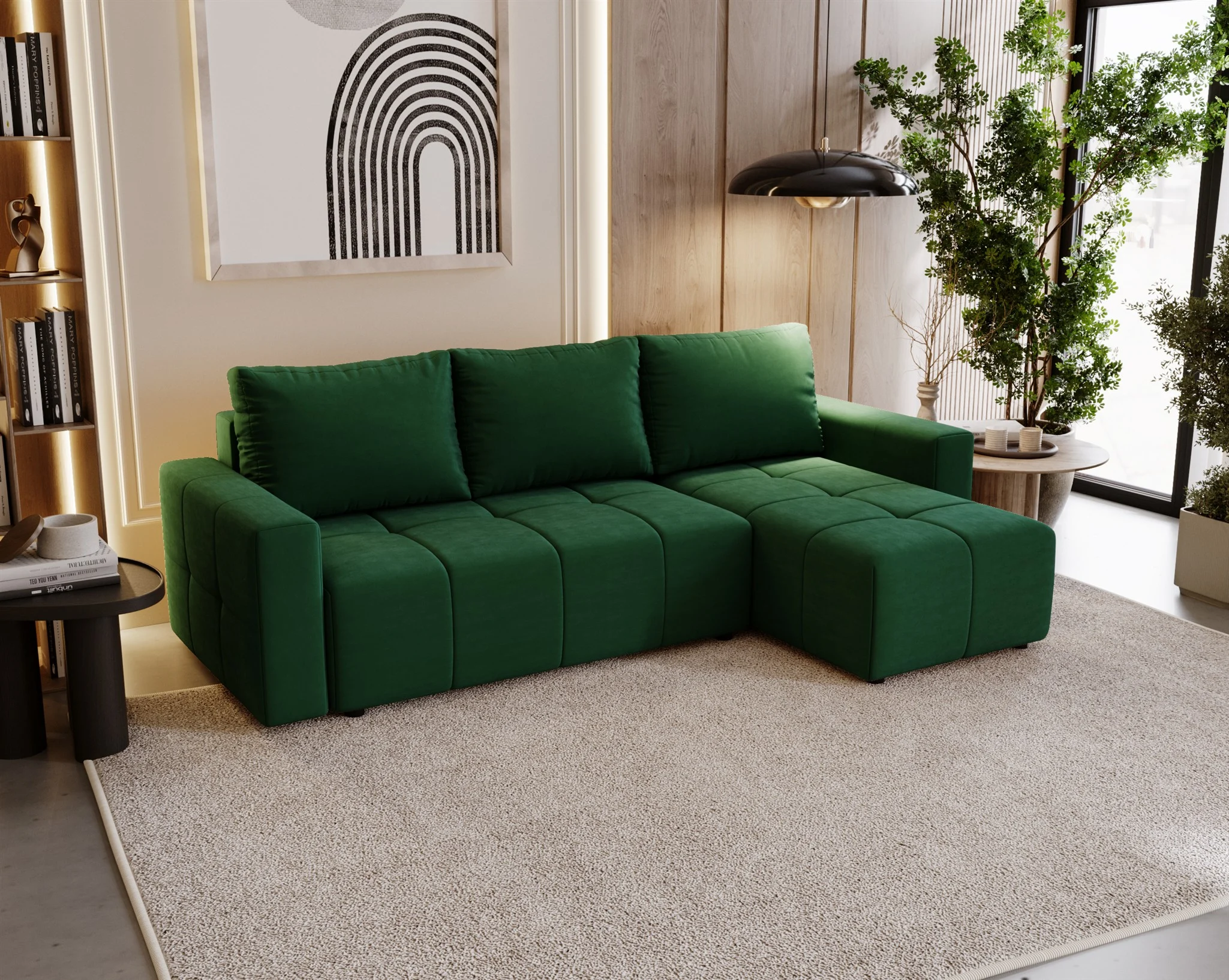 Ecksofa Schlafsofa NOHA in Stoff Kronos Flaschengrün Ottomane Rechts - Fun Möbel