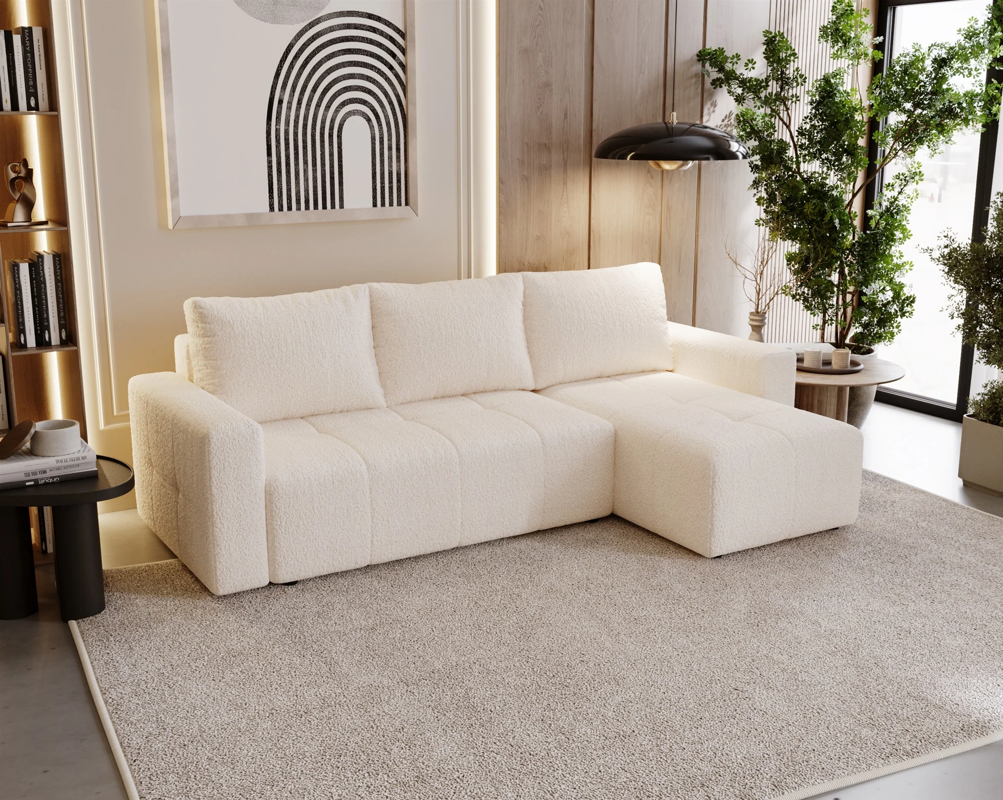 Ecksofa Schlafsofa NOHA in Stoff Now or Never Creme Ottomane Rechts - Fun Möbel