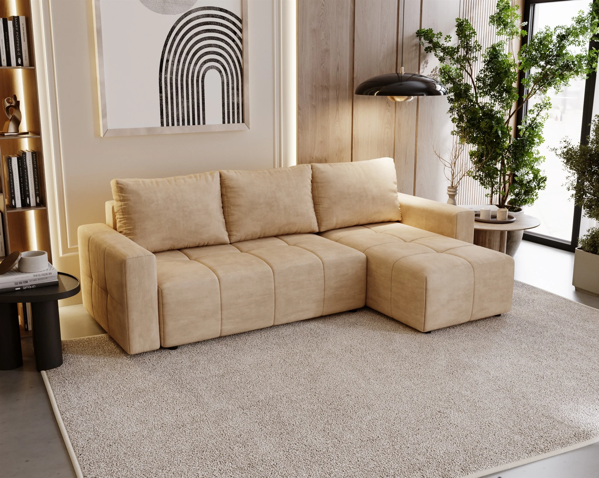Ecksofa Schlafsofa NOHA in Stoff Paros Beige Ottomane Rechts - Fun Möbel