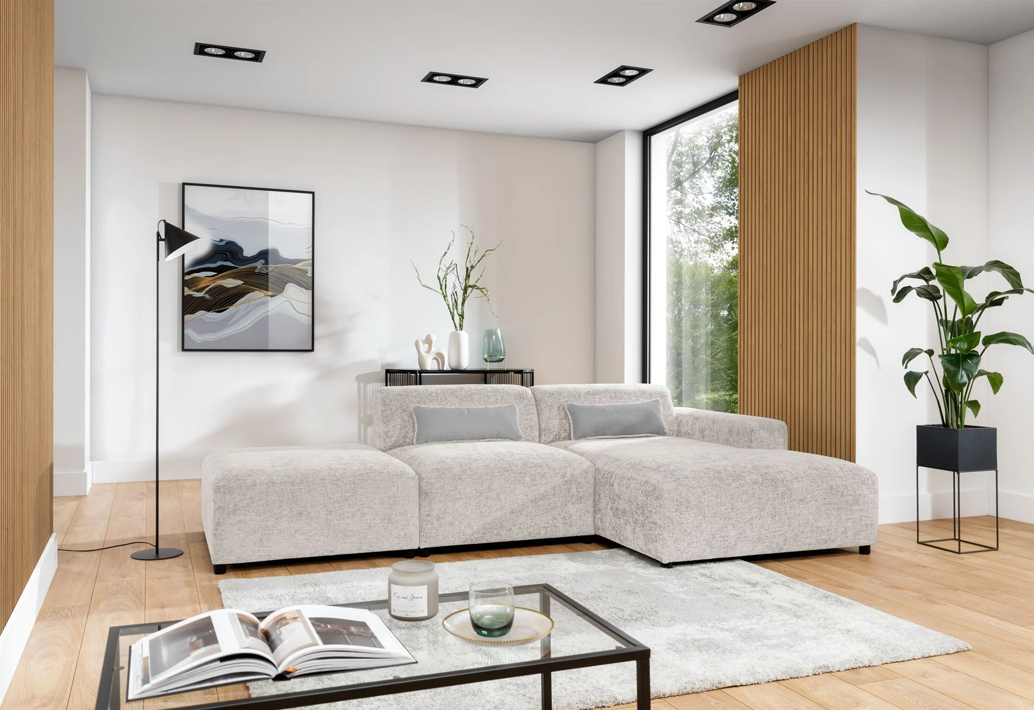 Ecksofa Designersofa ROMY in Stoff Enjoy Me Creme Ottomane Rechts - Fun Möbel