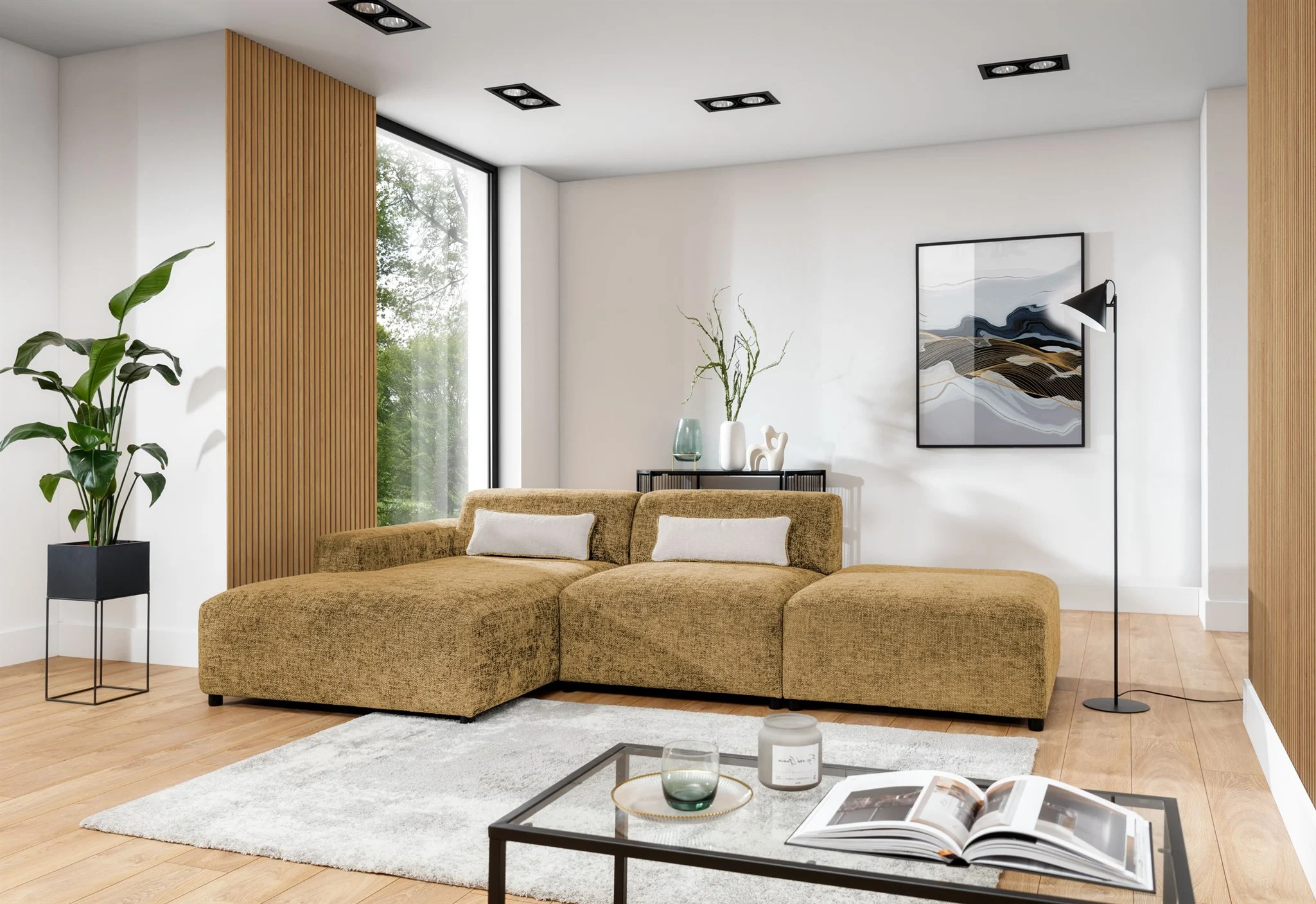 Ecksofa Designersofa ROMY in Stoff Enjoy Me Honiggelb Ottomane Links - Fun Möbel