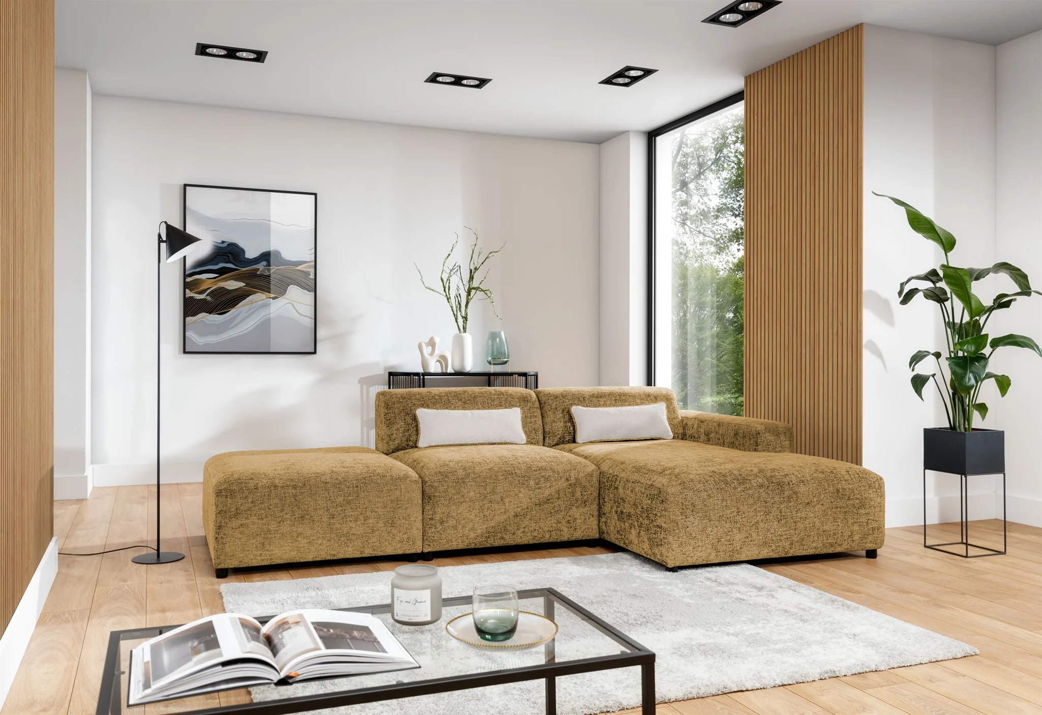 Ecksofa Designersofa ROMY in Stoff Enjoy Me Honiggelb Ottomane Rechts - Fun Möbel