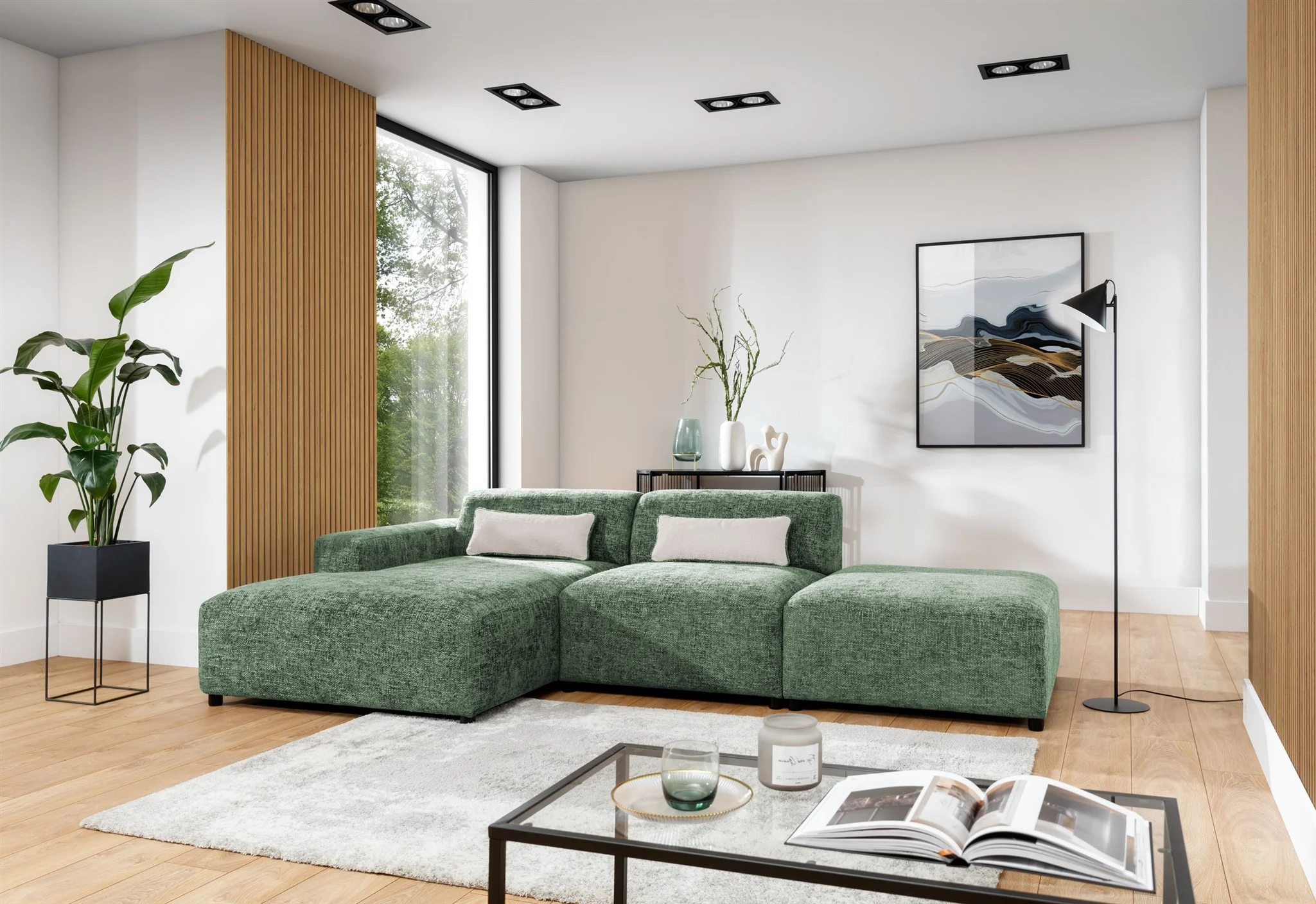 Ecksofa Designersofa ROMY in Stoff Enjoy Me Olivgrün Ottomane Links - Fun Möbel