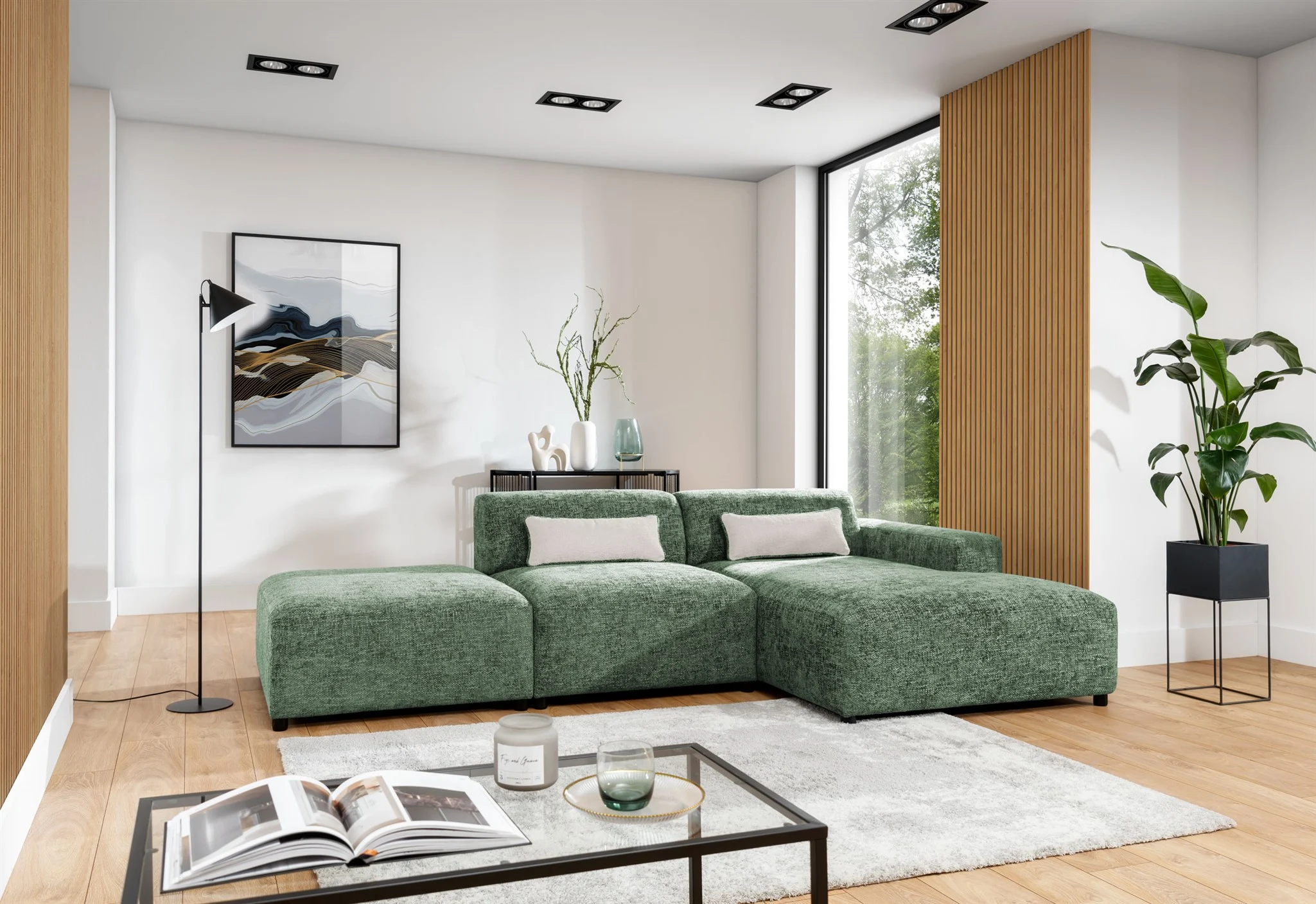 Ecksofa Designersofa ROMY in Stoff Enjoy Me Olivgrün Ottomane Rechts - Fun Möbel