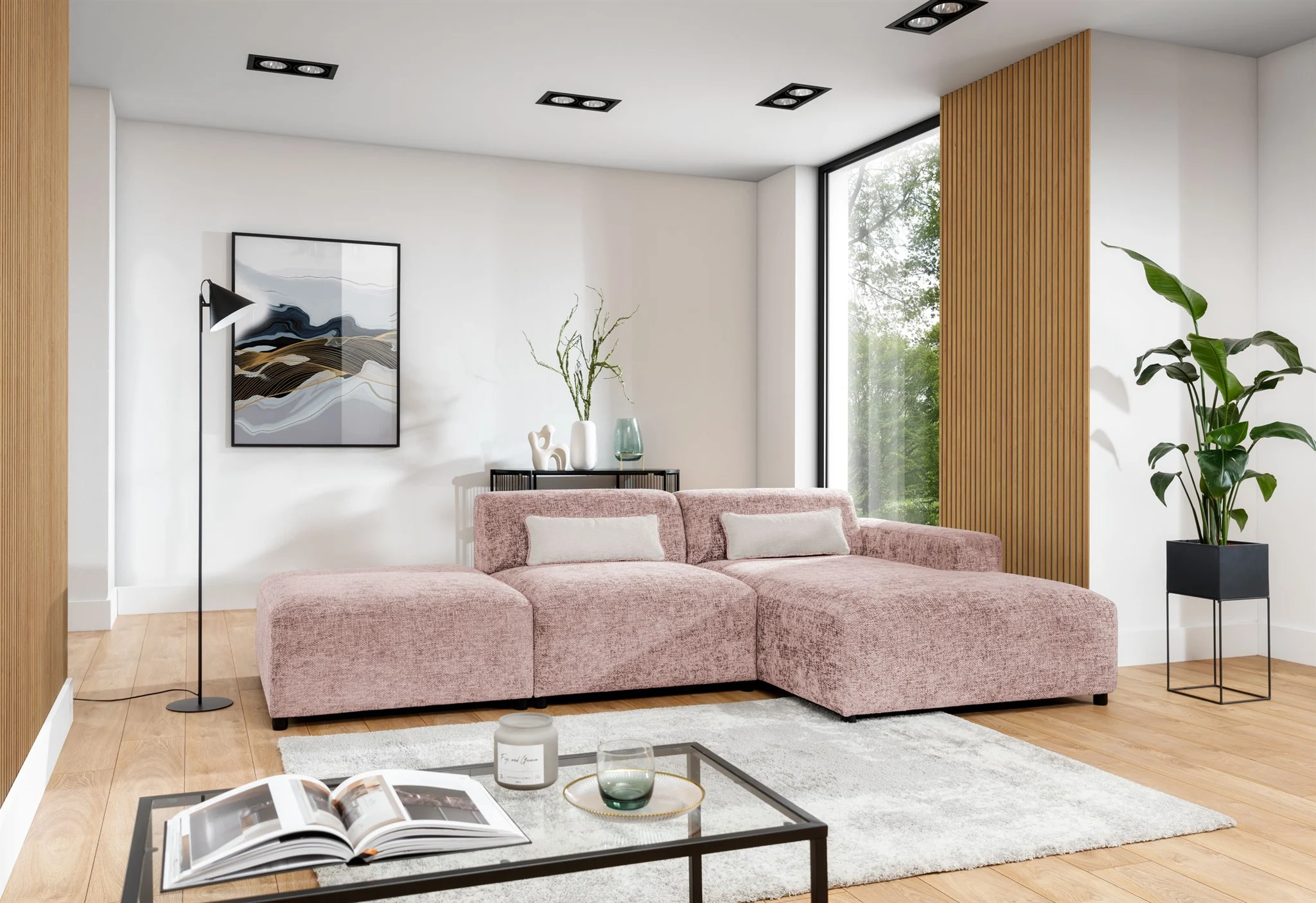 Ecksofa Designersofa ROMY in Stoff Enjoy Me Rosa Ottomane Rechts - Fun Möbel