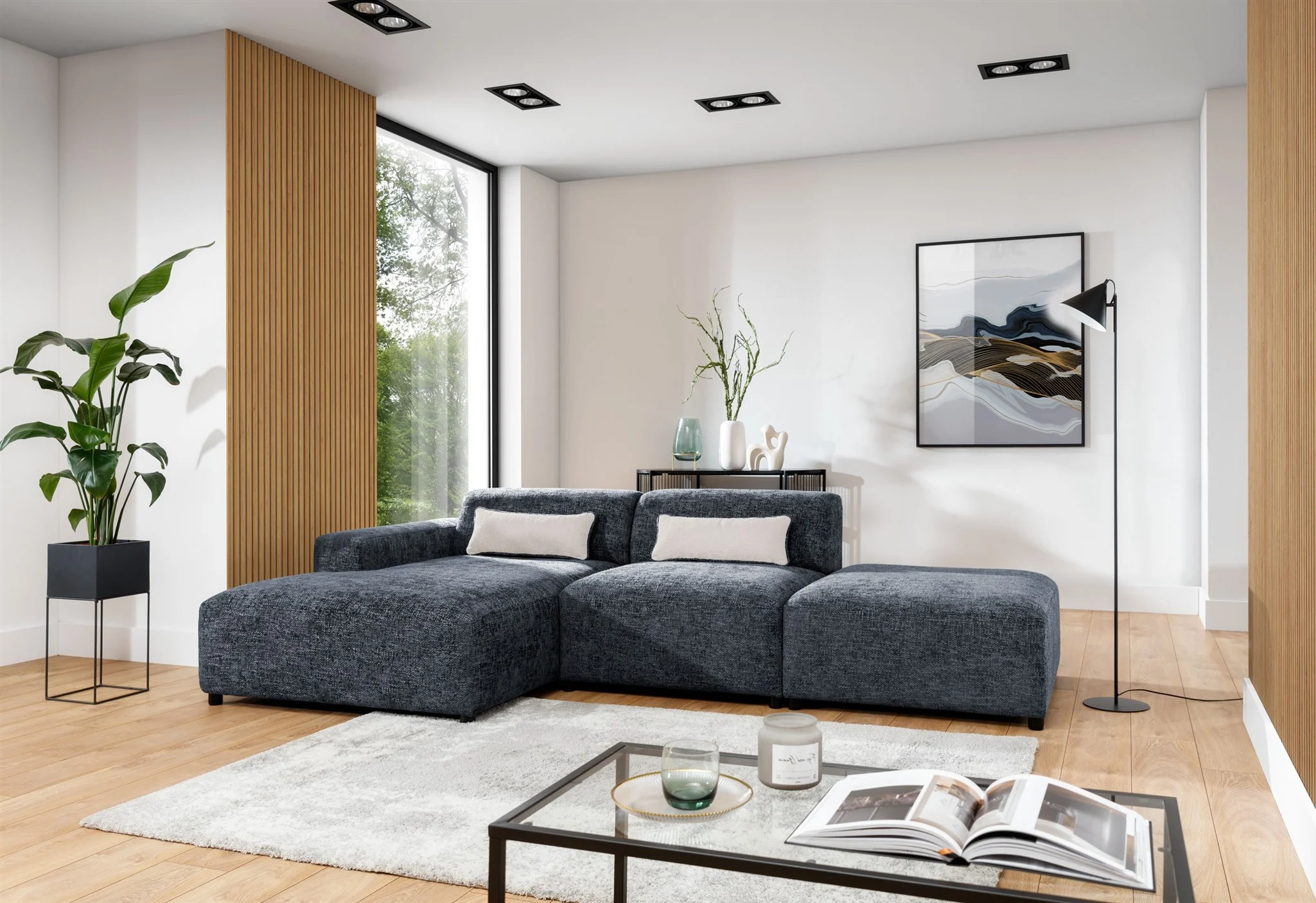 Ecksofa Designersofa ROMY in Stoff Enjoy Me Blau Ottomane Links - Fun Möbel