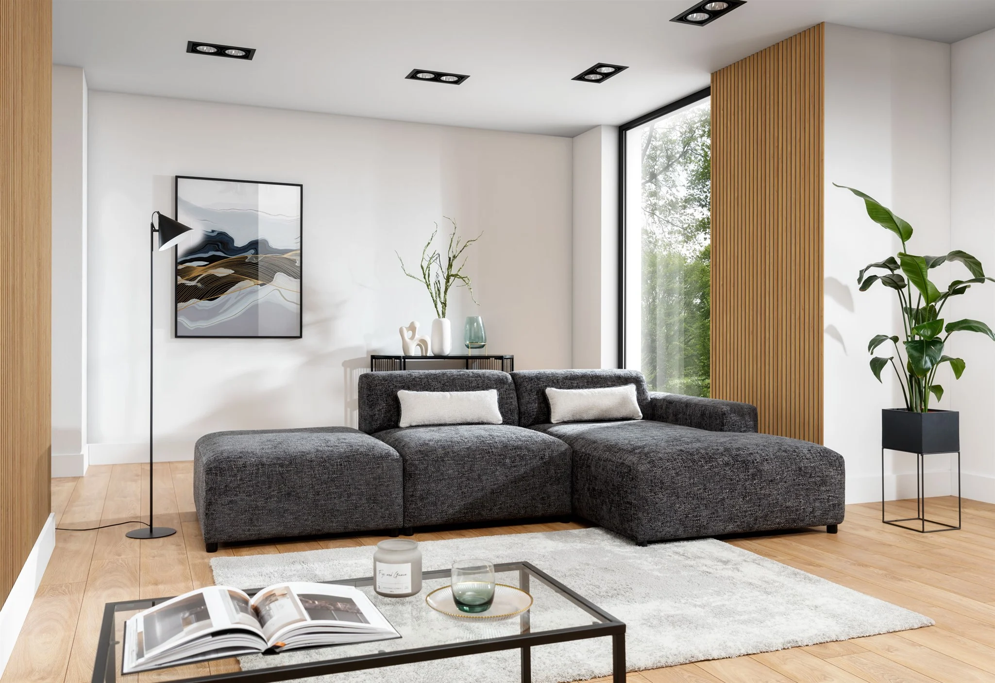 Ecksofa Designersofa ROMY in Stoff Enjoy Me Grafit Ottomane Rechts - Fun Möbel
