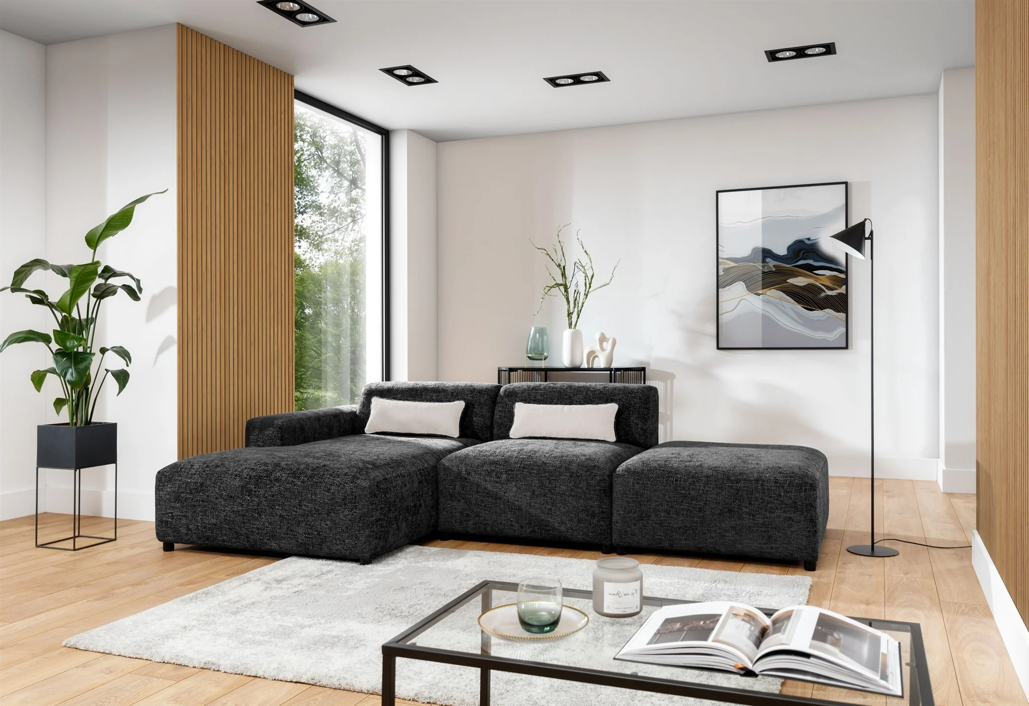 Ecksofa Designersofa ROMY in Stoff Enjoy Me Schwarz Ottomane Links - Fun Möbel