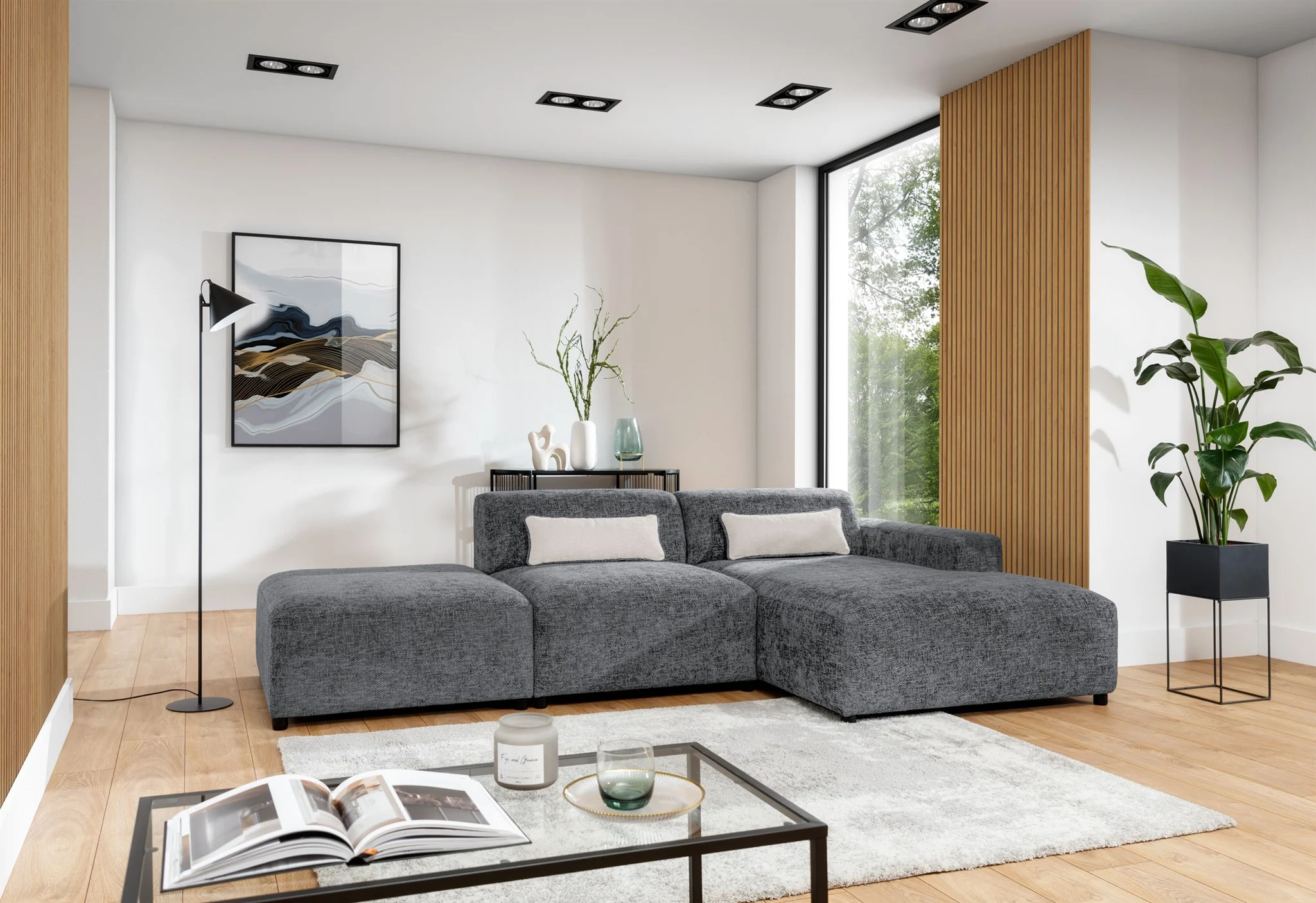 Ecksofa Designersofa ROMY in Stoff Enjoy Me Grau Ottomane Rechts - Fun Möbel