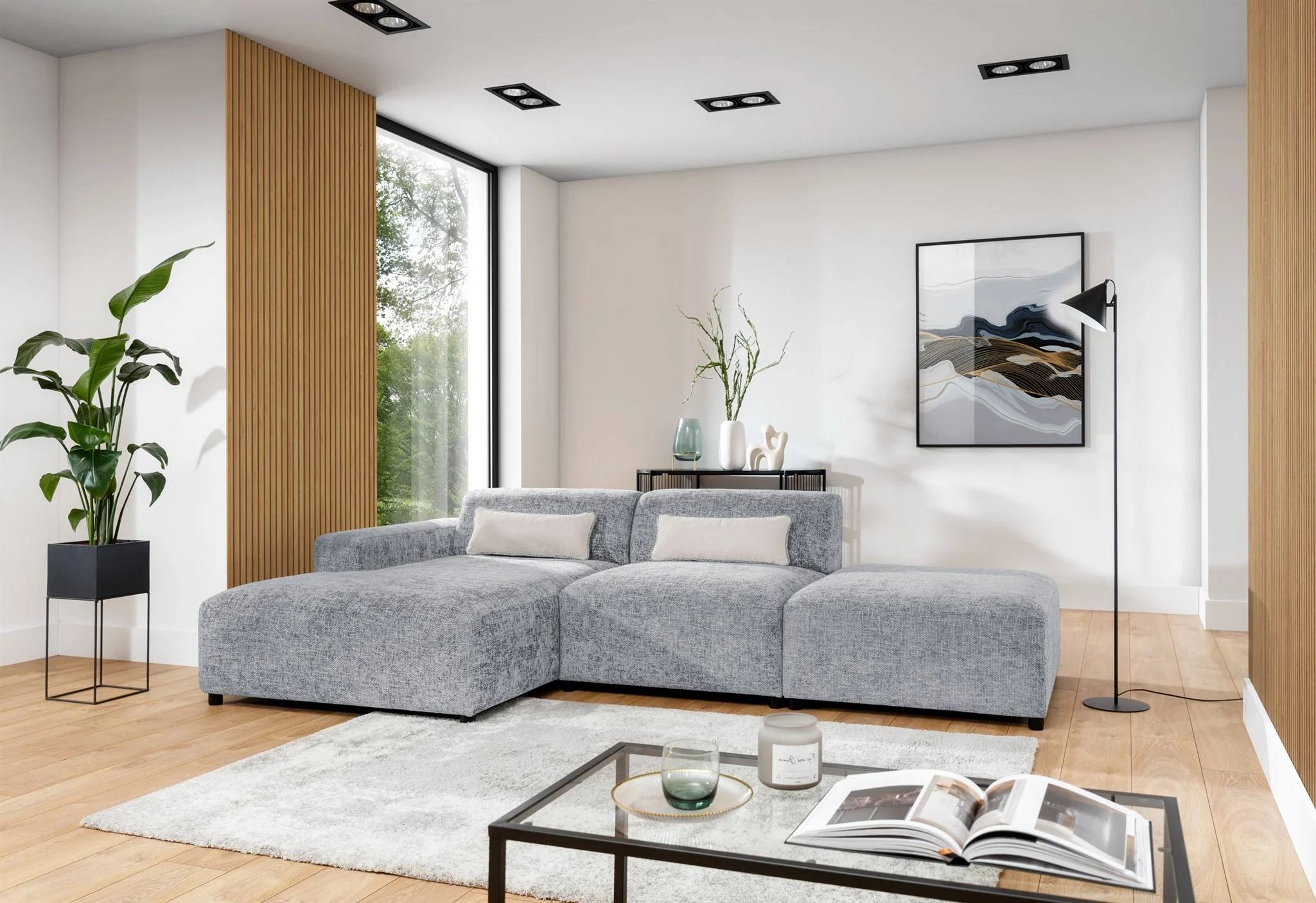 Ecksofa Designersofa ROMY in Stoff Enjoy Me Hellgrau Ottomane Links - Fun Möbel