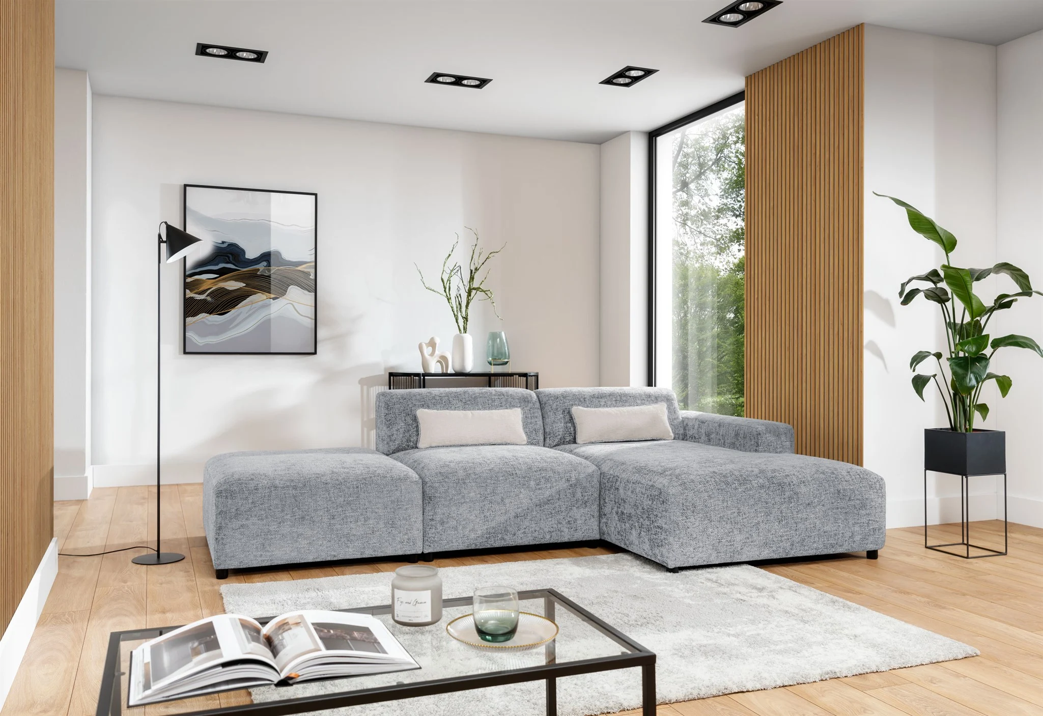 Ecksofa Designersofa ROMY in Stoff Enjoy Me Hellgrau Ottomane Rechts - Fun Möbel
