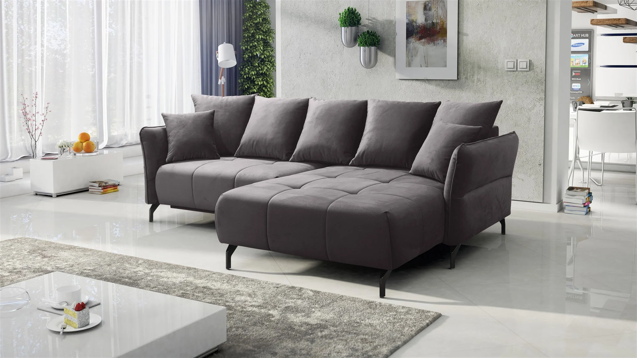 Ecksofa Schlafsofa Sofa SADIE Stoff Element Grafit Ottomane Rechts - Fun Möbel