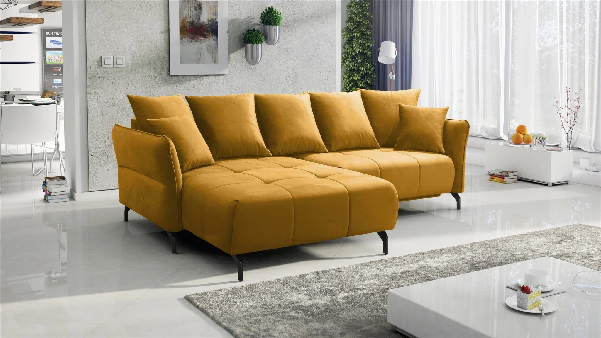 Ecksofa Schlafsofa Sofa SADIE Stoff Element Honiggelb Ottomane Links - Fun Möbel