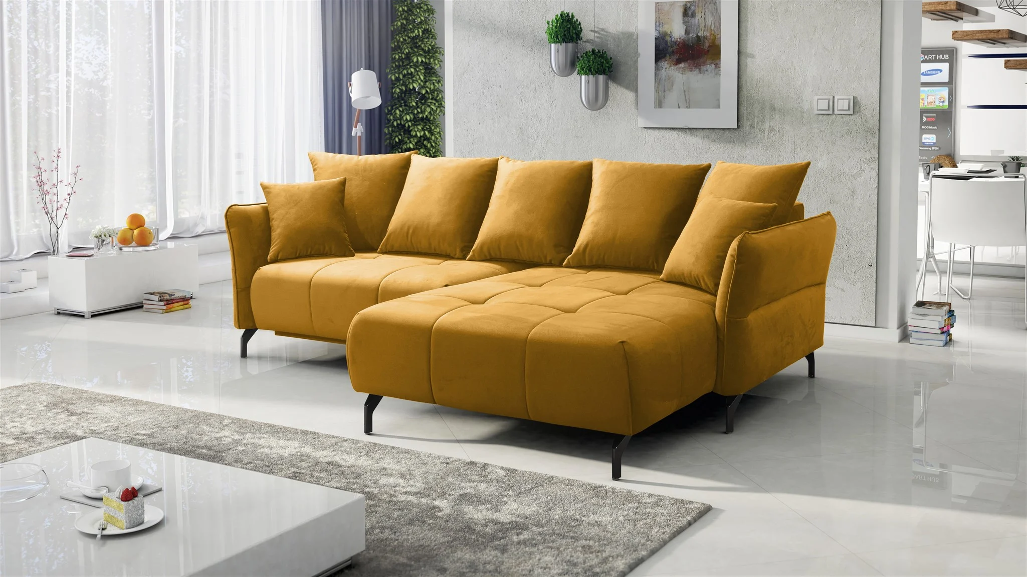 Ecksofa Schlafsofa Sofa SADIE Stoff Element Honiggelb Ottomane Rechts - Fun Möbel