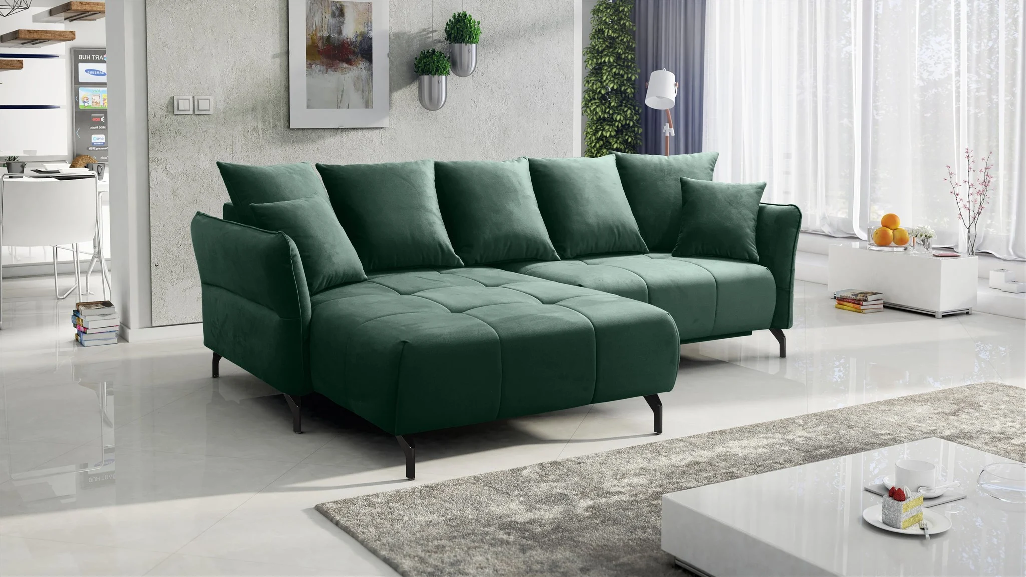 Ecksofa Schlafsofa Sofa SADIE Stoff Element Dunkelgrün Ottomane Links - Fun Möbel