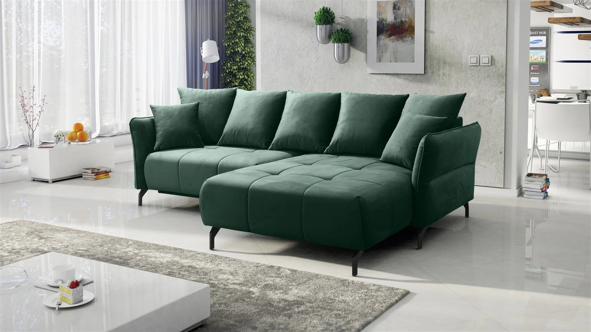 Ecksofa Schlafsofa Sofa SADIE Stoff Element Dunkelgrün Ottomane Rechts - Fun Möbel