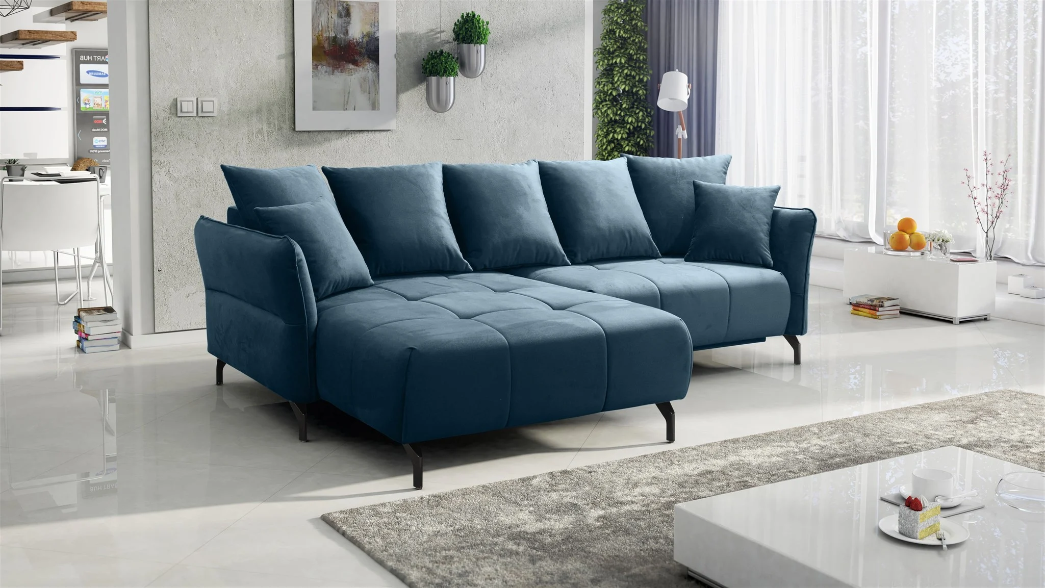 Ecksofa Schlafsofa Sofa SADIE Stoff Element Dunkelblau Ottomane Links - Fun Möbel