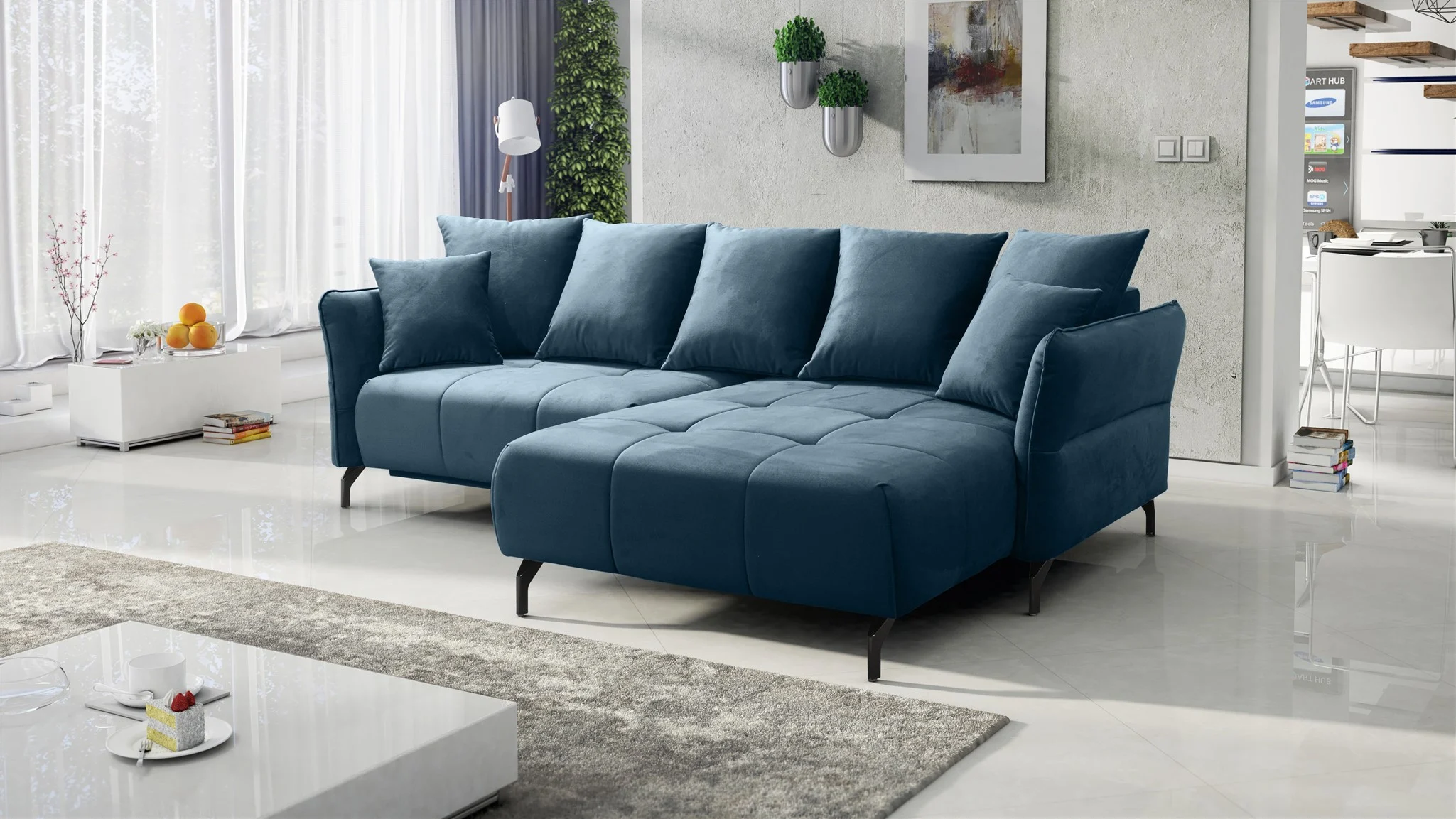 Ecksofa Schlafsofa Sofa SADIE Stoff Element Dunkelblau Ottomane Rechts - Fun Möbel