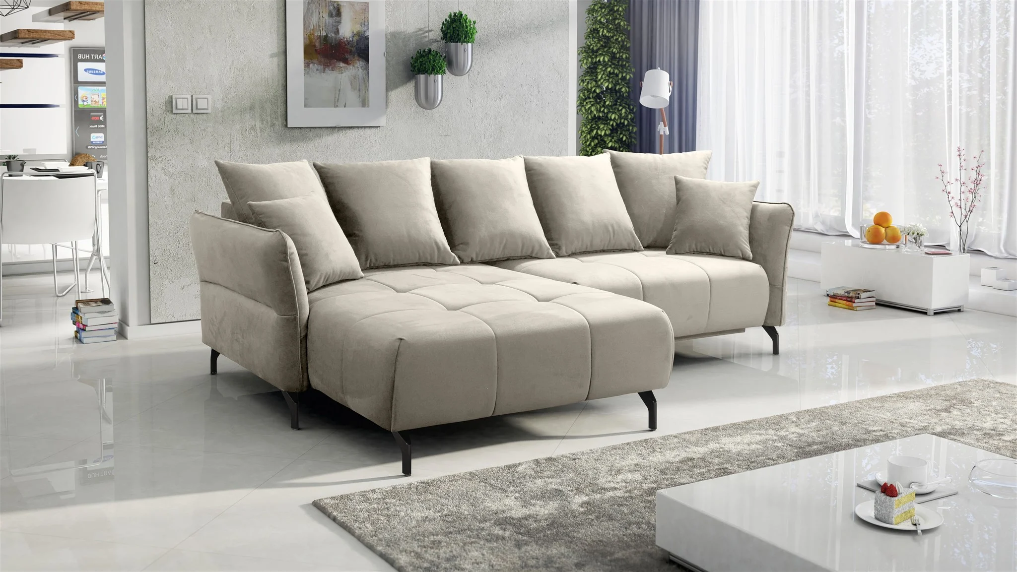 Ecksofa Schlafsofa Sofa SADIE Stoff Element Hellbeige Ottomane Links - Fun Möbel
