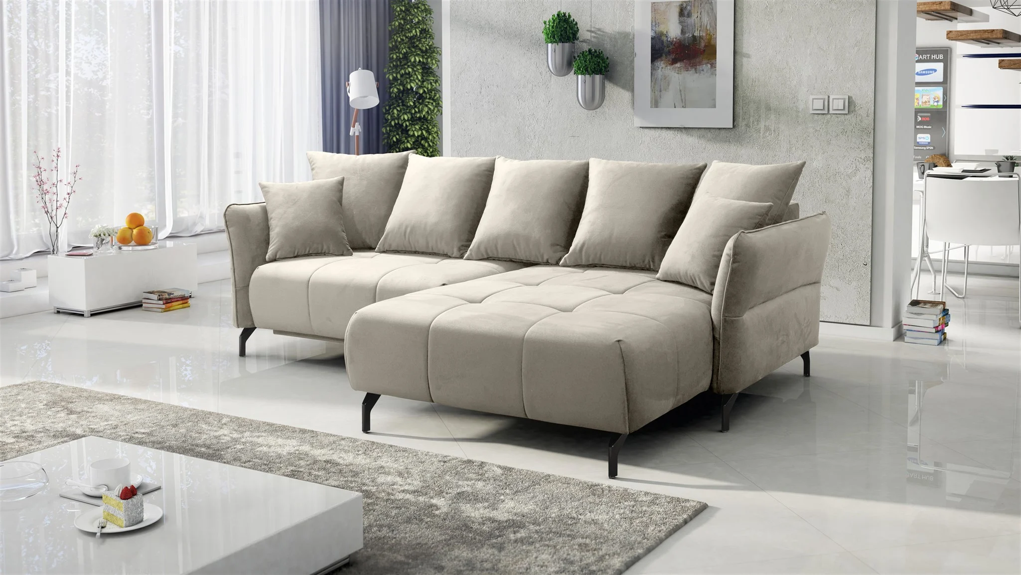 Ecksofa Schlafsofa Sofa SADIE Stoff Element Hellbeige Ottomane Rechts - Fun Möbel