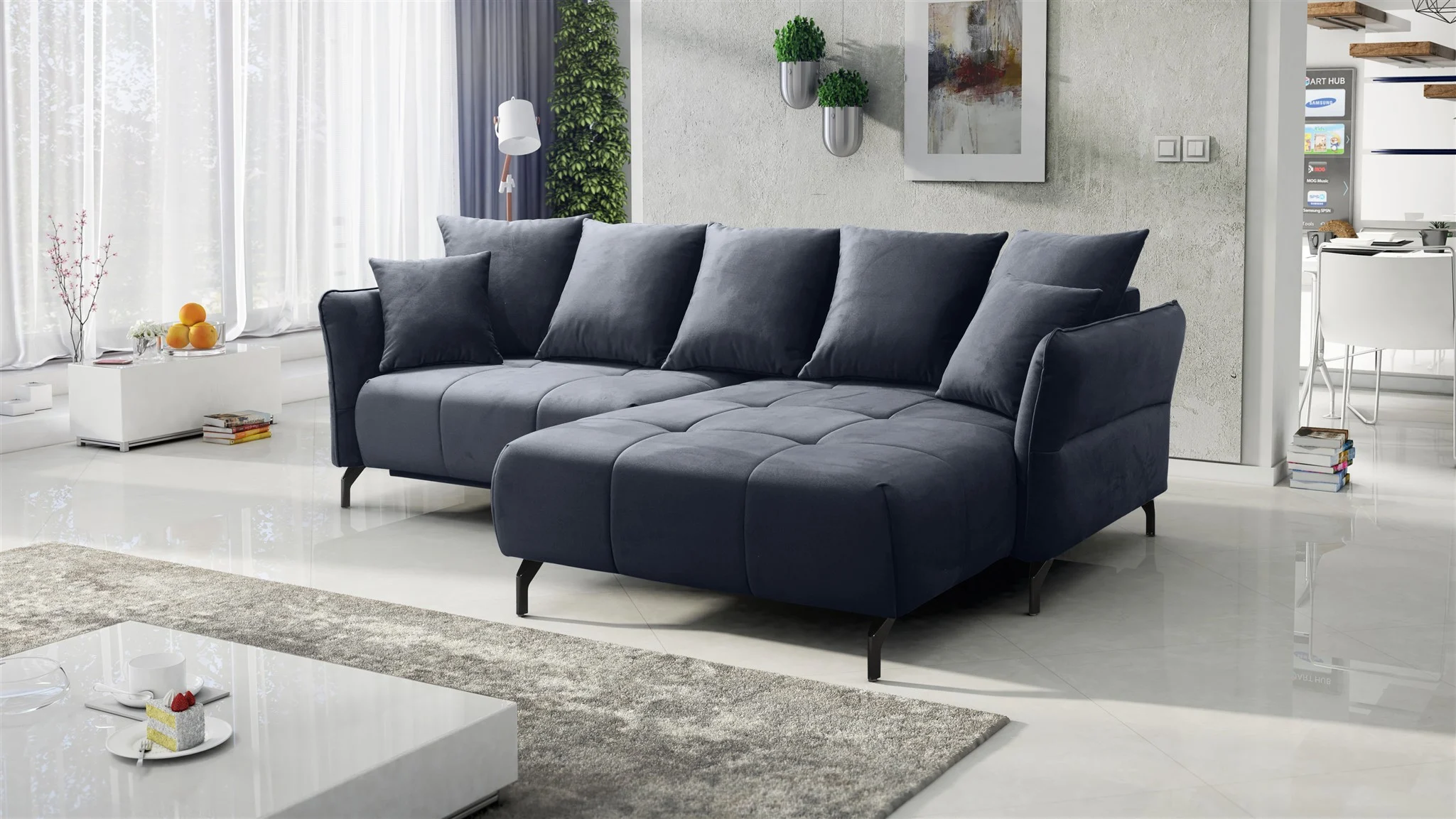 Ecksofa Schlafsofa Sofa SADIE Stoff Element Dunkelgrau Ottomane Rechts - Fun Möbel