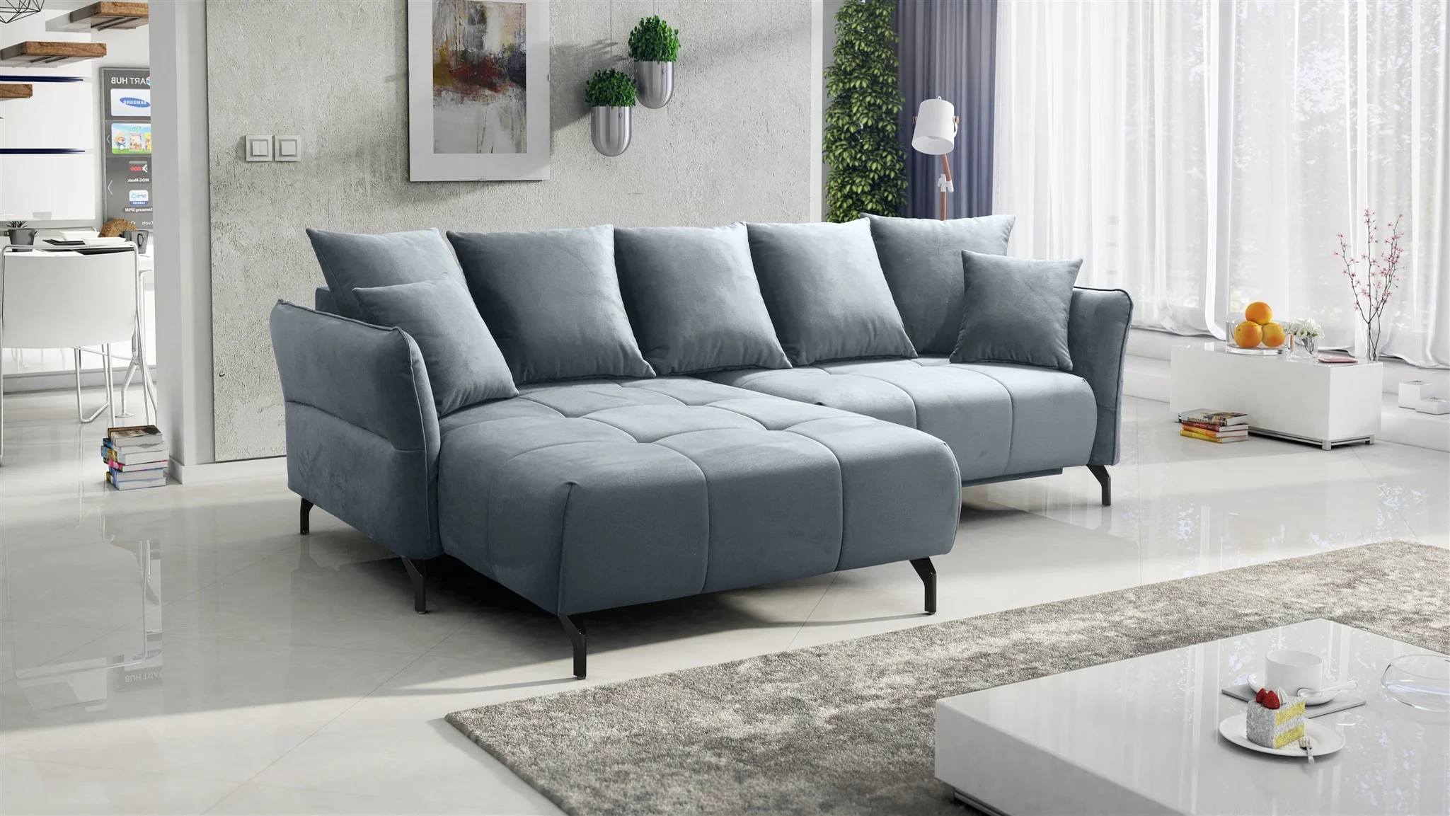 Ecksofa Schlafsofa Sofa SADIE Stoff Element Grau Ottomane Links - Fun Möbel