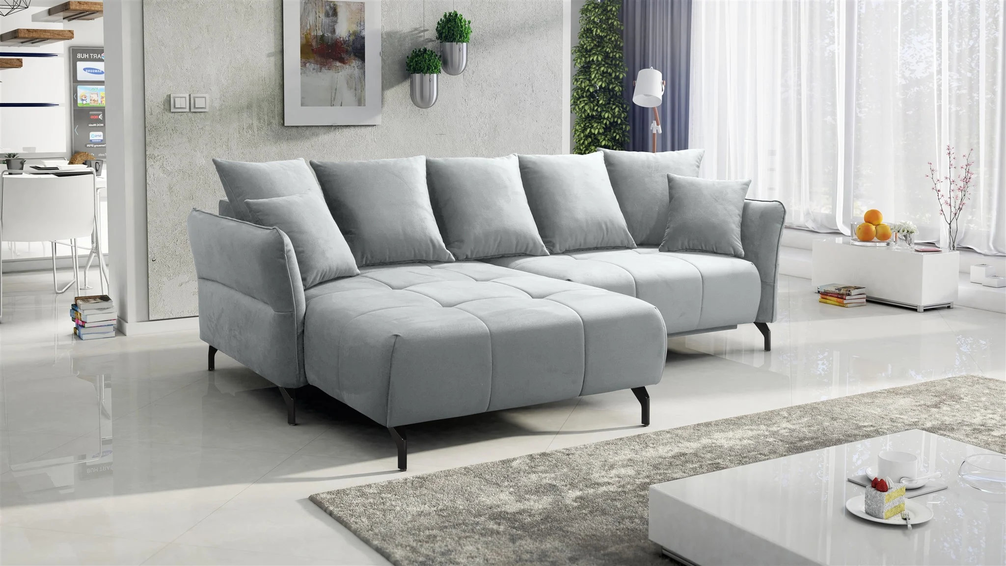 Ecksofa Schlafsofa Sofa SADIE Stoff Element Hellgrau Ottomane Links - Fun Möbel