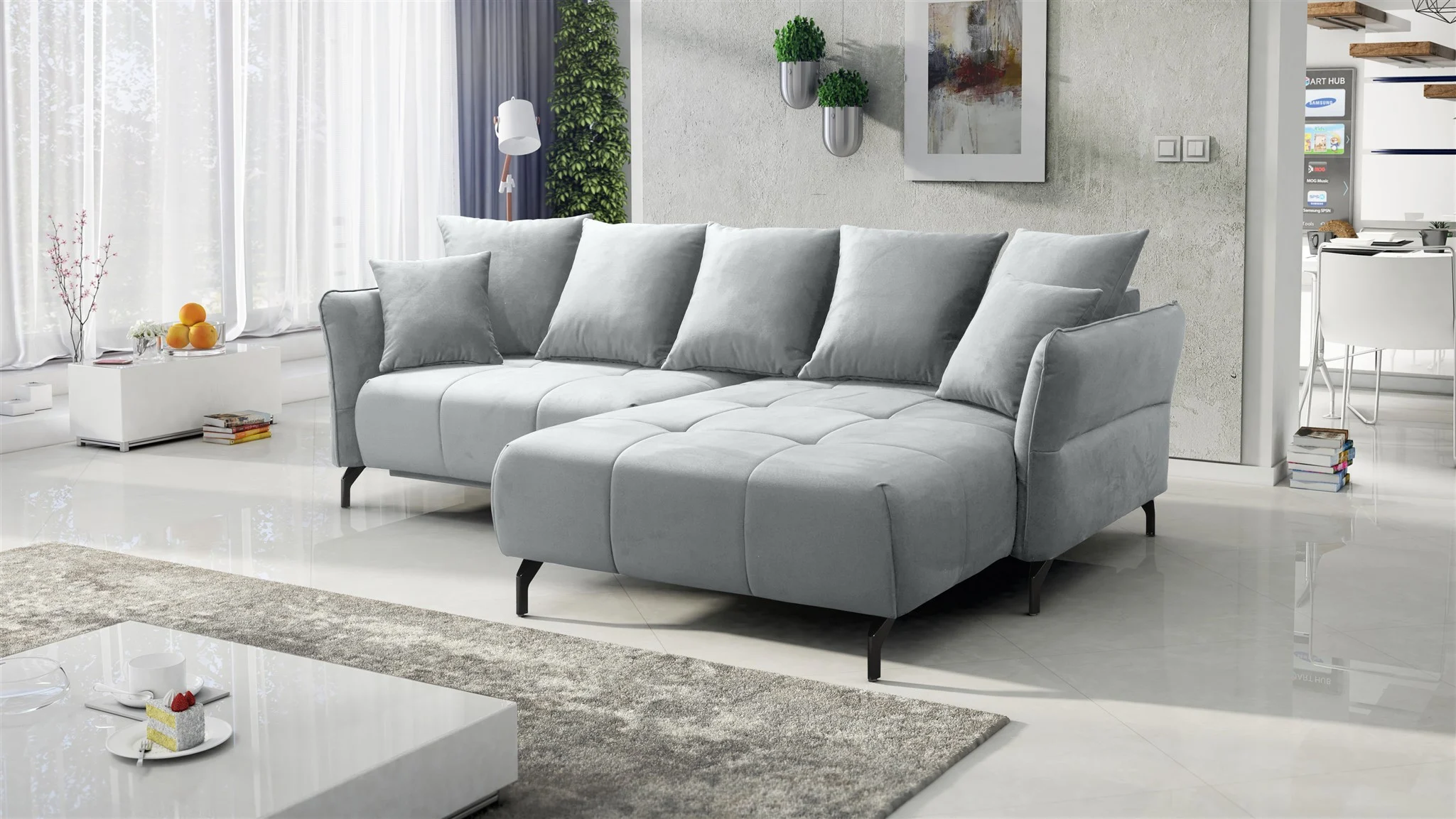 Ecksofa Schlafsofa Sofa SADIE Stoff Element Hellgrau Ottomane Rechts - Fun Möbel