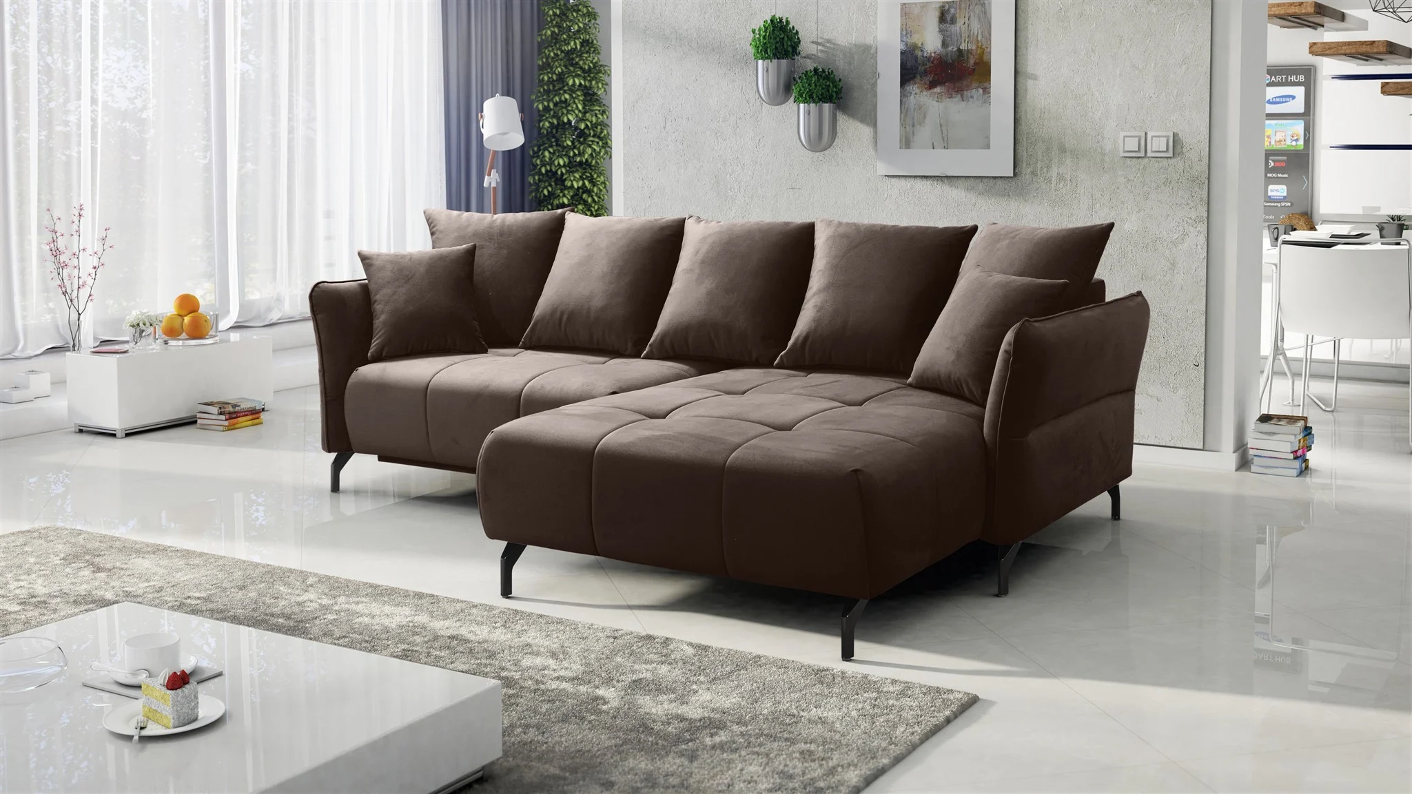 Ecksofa Schlafsofa Sofa SADIE Stoff Element Braun Ottomane Rechts - Fun Möbel