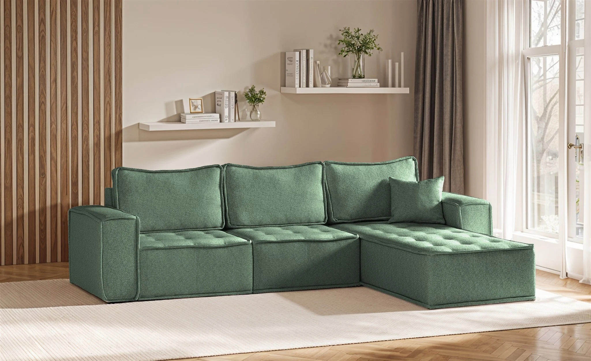 Ecksofa Modulsofa 3-teilig SANDE Stoff Raven Flaschengrün Ottomane Rechts