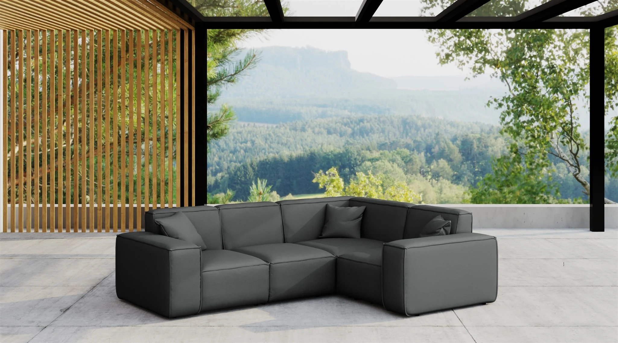 Garten Ecksofa SUMMER wetterfester Stoff NXL Anthrazit kurzer Schenkel Rechts - Fun Moebel