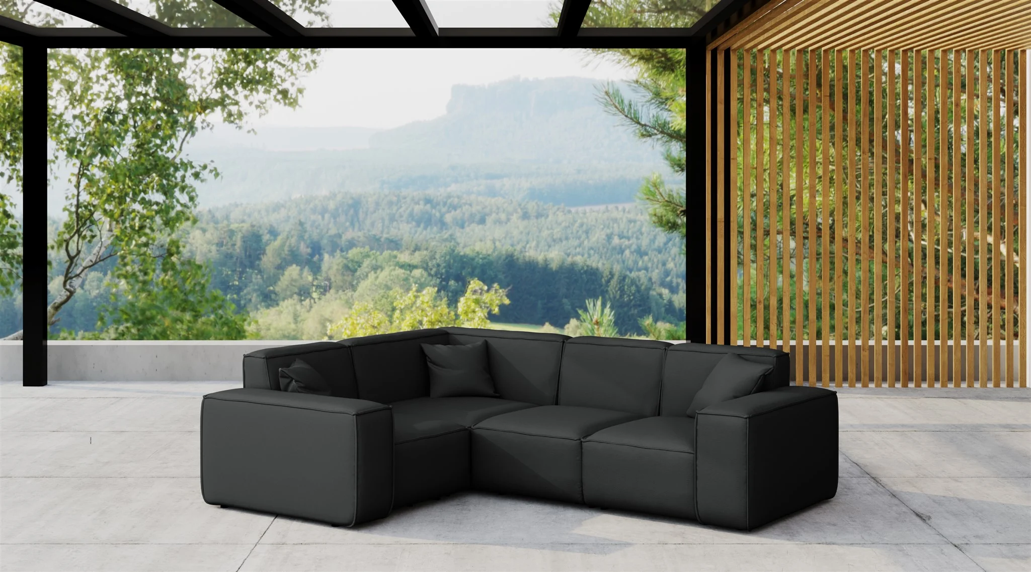 Garten Ecksofa SUMMER wetterfester Stoff NXL Schwarz kurzer Schenkel Links - Fun Moebel