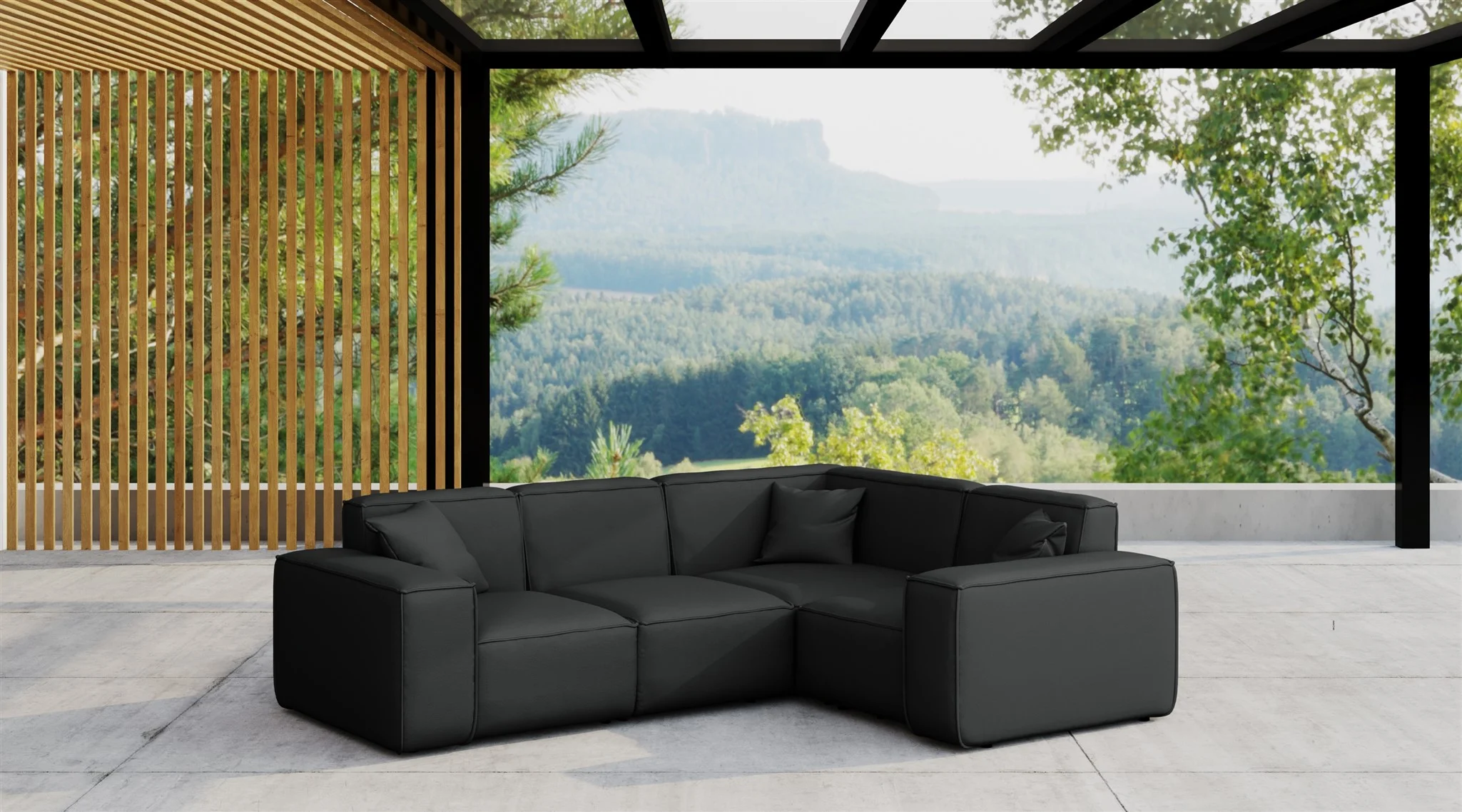 Garten Ecksofa SUMMER wetterfester Stoff NXL Schwarz kurzer Schenkel Rechts - Fun Moebel