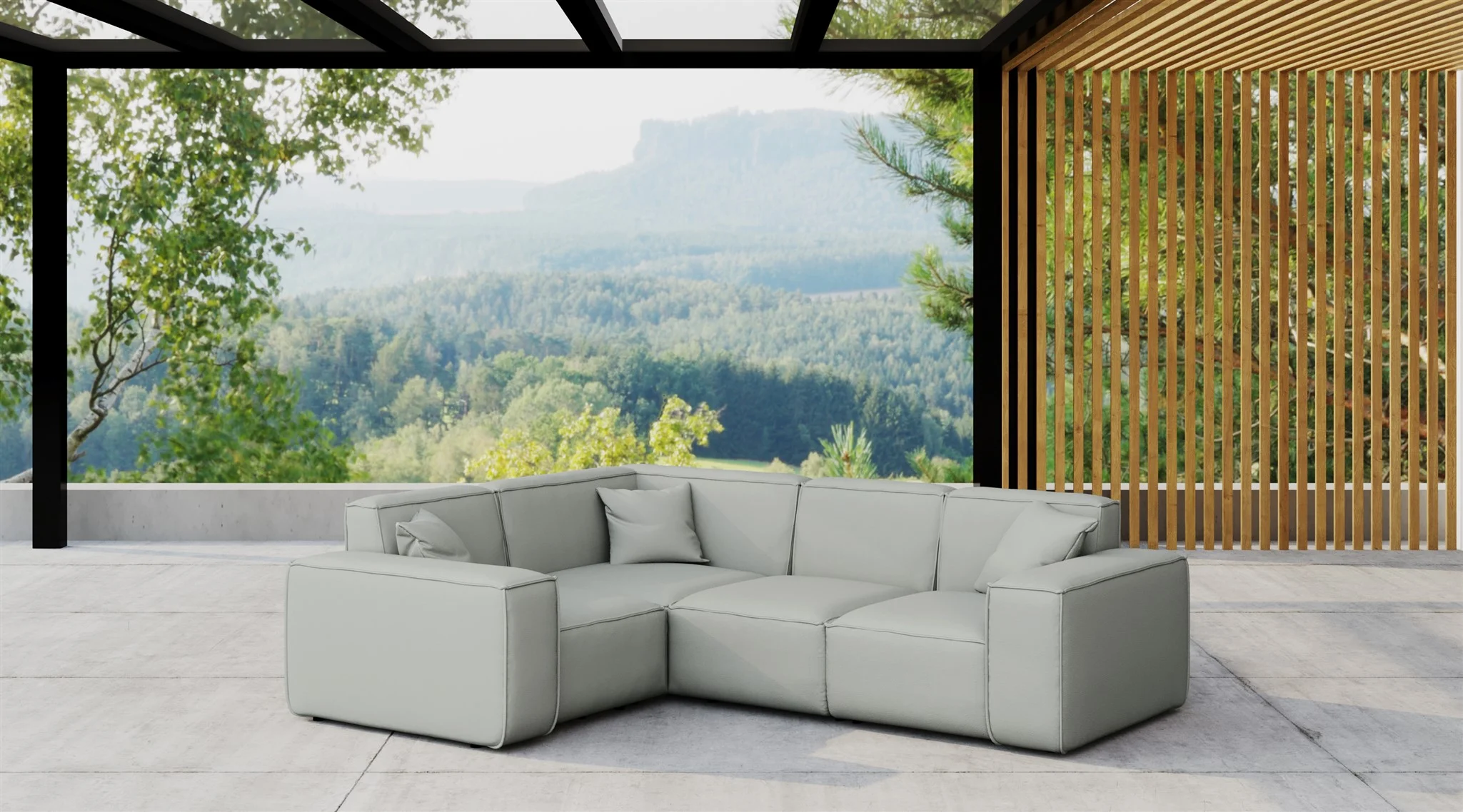 Garten Ecksofa SUMMER wetterfester Stoff NXL Hellgrau kurzer Schenkel Links - Fun Moebel