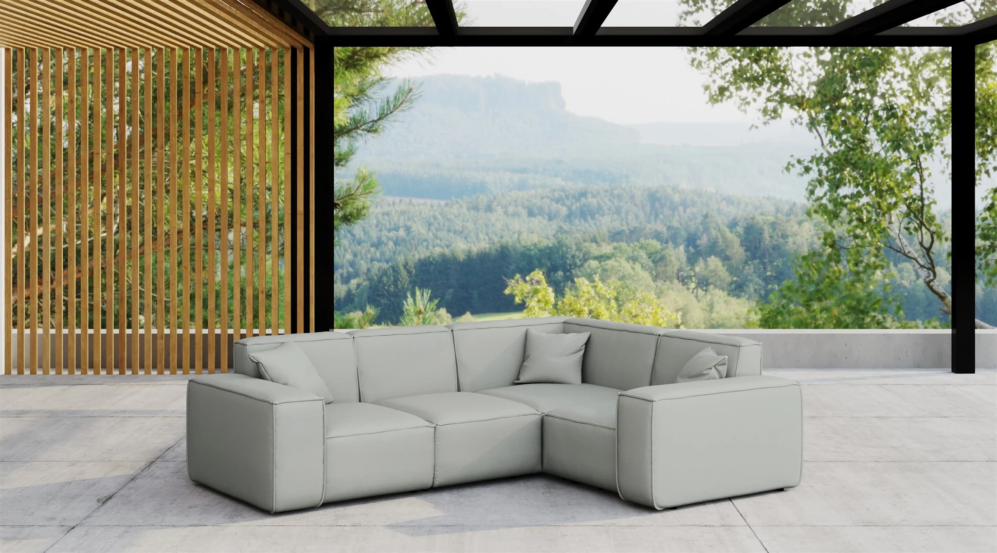 Garten Ecksofa SUMMER wetterfester Stoff NXL Hellgrau kurzer Schenkel Rechts - Fun Moebel