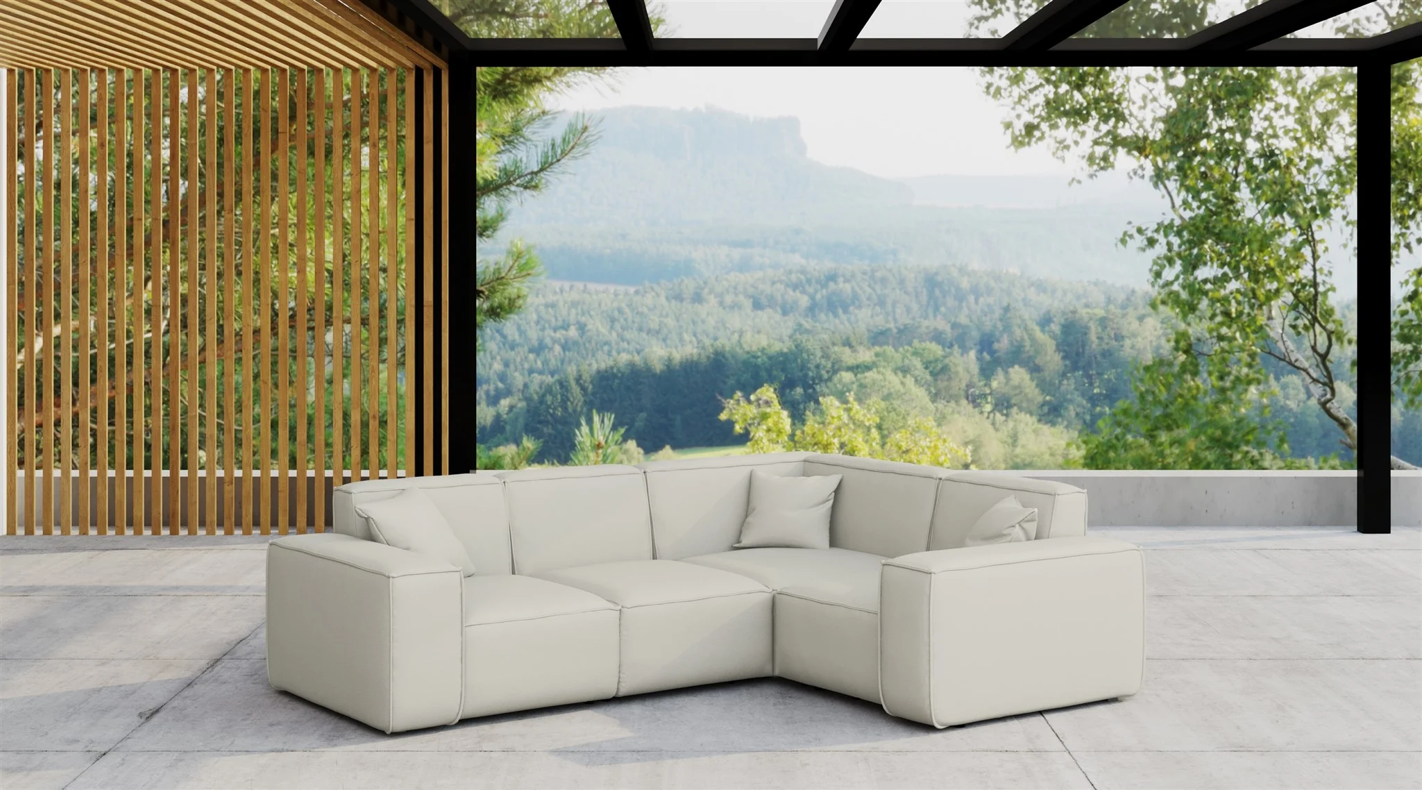 Garten Ecksofa SUMMER wetterfester Stoff NXL Altweiß kurzer Schenkel Rechts - Fun Moebel