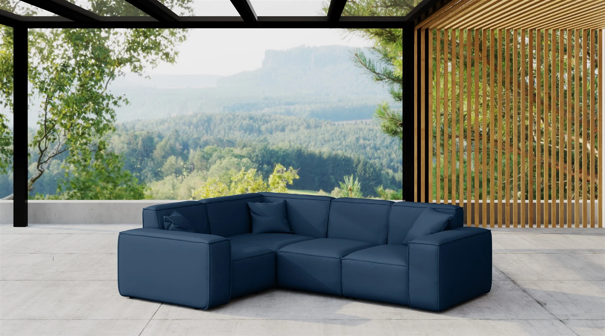 Garten Ecksofa SUMMER wetterfester Stoff NXL Dunkelblau kurzer Schenkel Links - Fun Moebel