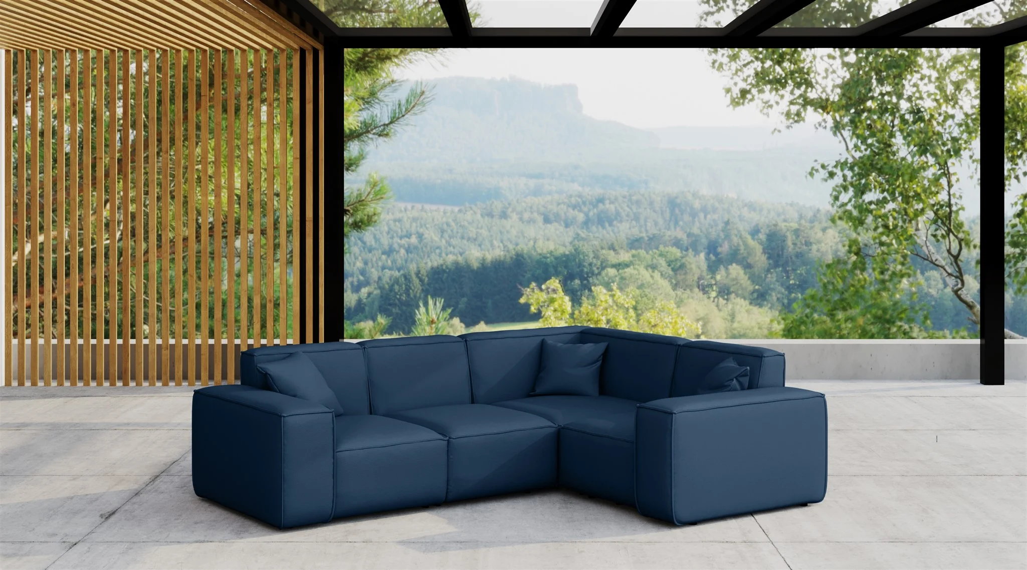 Garten Ecksofa SUMMER wetterfester Stoff NXL Dunkelblau kurzer Schenkel Rechts - Fun Moebel