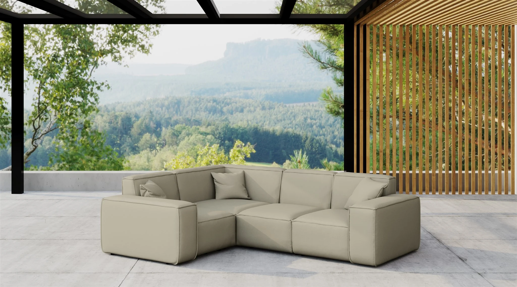 Garten Ecksofa SUMMER wetterfester Stoff NXL Toffee kurzer Schenkel Links - Fun Moebel