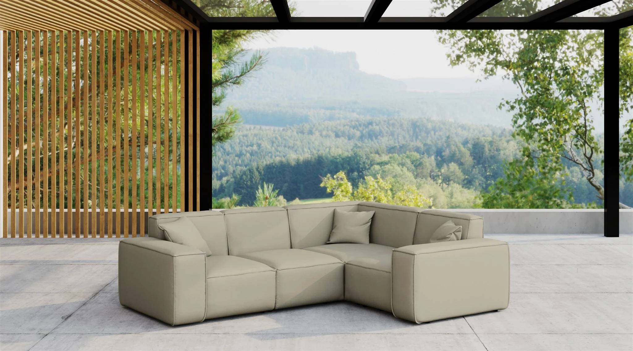 Garten Ecksofa SUMMER wetterfester Stoff NXL Toffee kurzer Schenkel Rechts - Fun Moebel