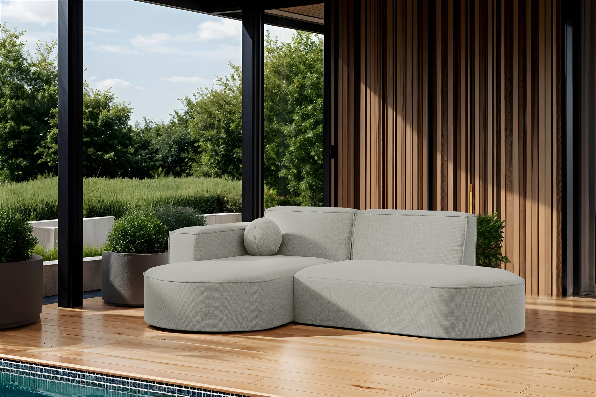Garten Ecksofa SUNDAY XS in wetterfester Stoff ART-N Hellgrau Ottomane Links