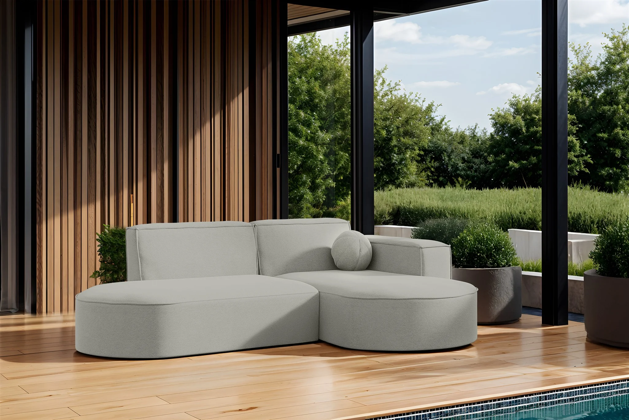 Garten Ecksofa SUNDAY XS in wetterfester Stoff ART-N Hellgrau Ottomane Rechts