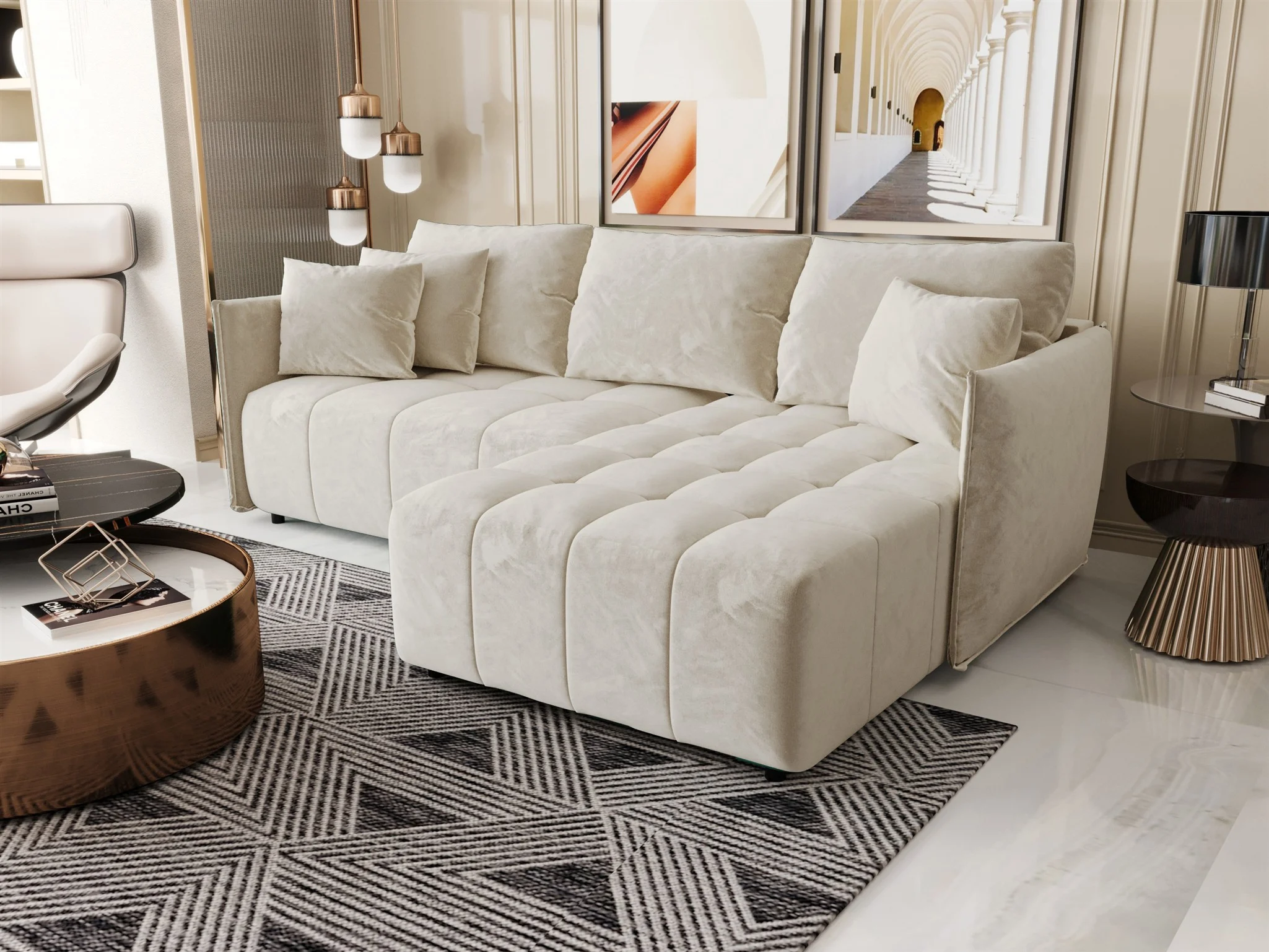 Ecksofa Schlafsofa TREVISO Stoff Monolith Creme Ottomane Rechts - Fun Möbel