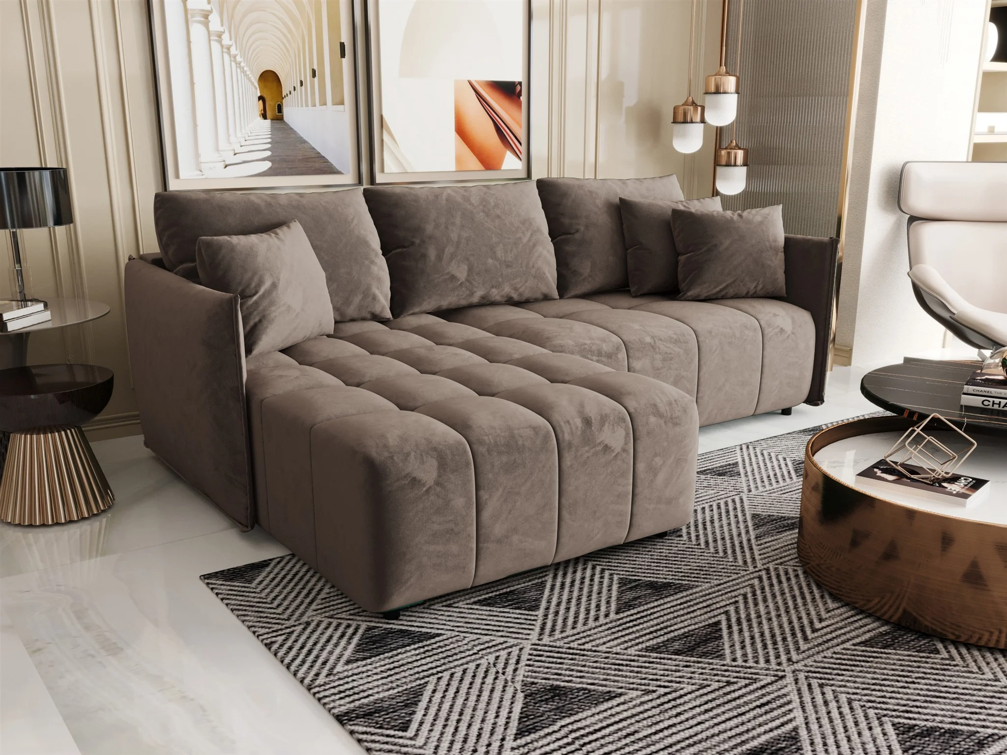 Ecksofa Schlafsofa TREVISO Stoff Monolith Braun Ottomane Links - Fun Möbel