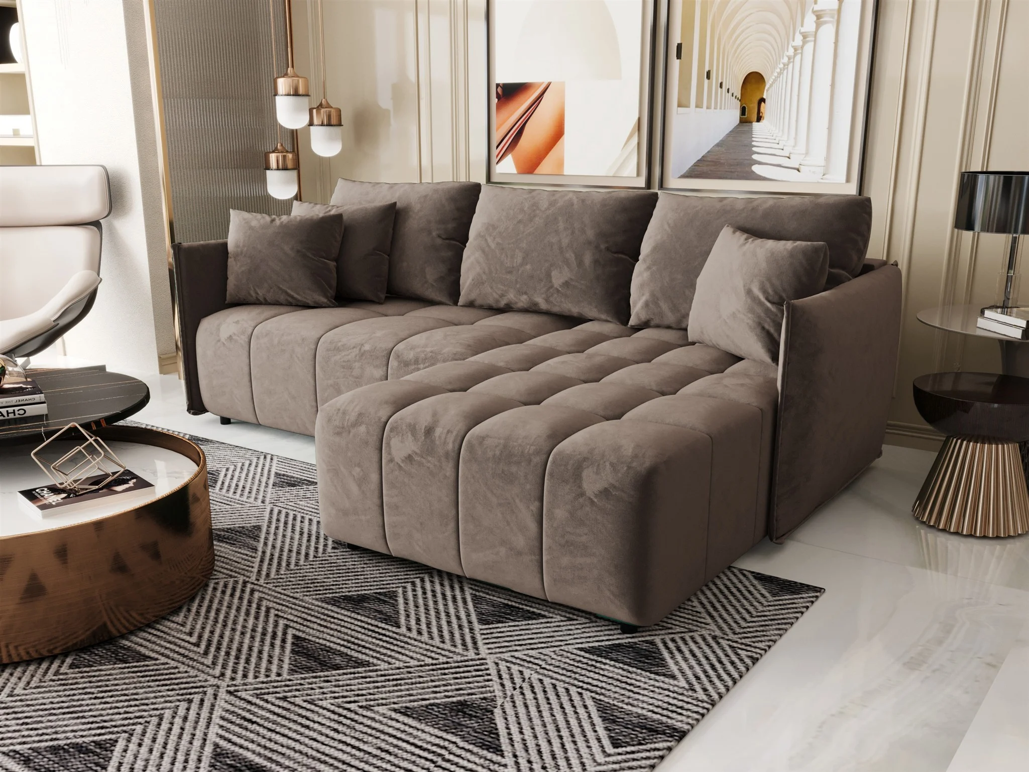 Ecksofa Schlafsofa TREVISO Stoff Monolith Braun Ottomane Rechts - Fun Möbel