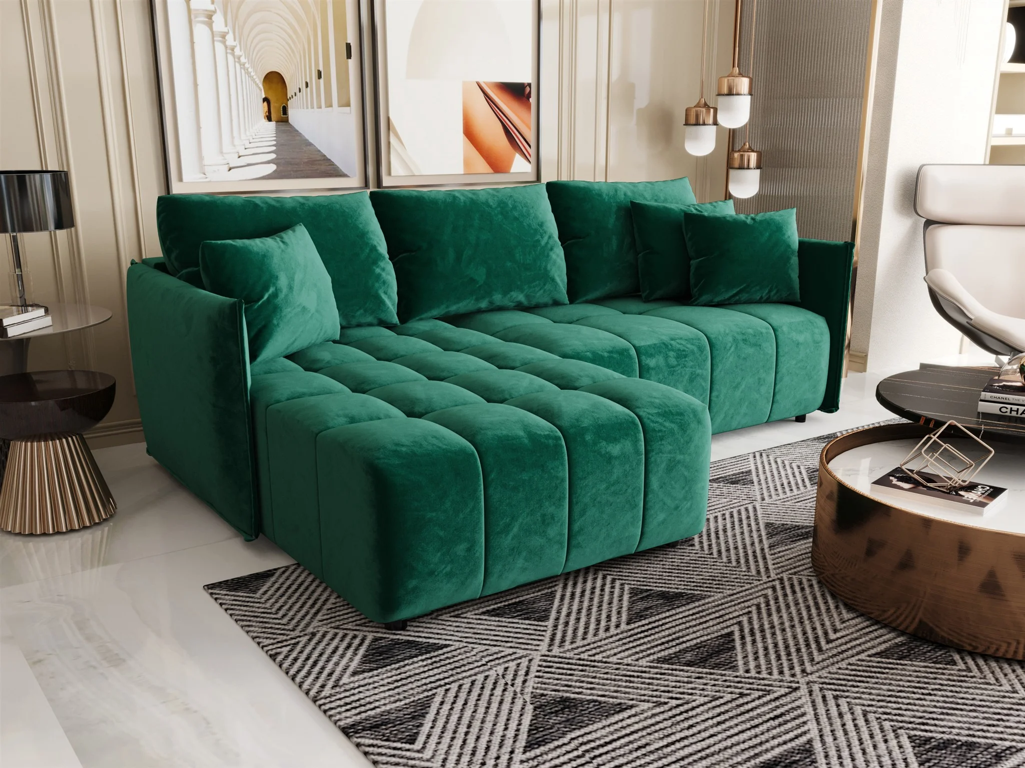 Ecksofa Schlafsofa TREVISO Stoff Monolith Grün Ottomane Links - Fun Möbel
