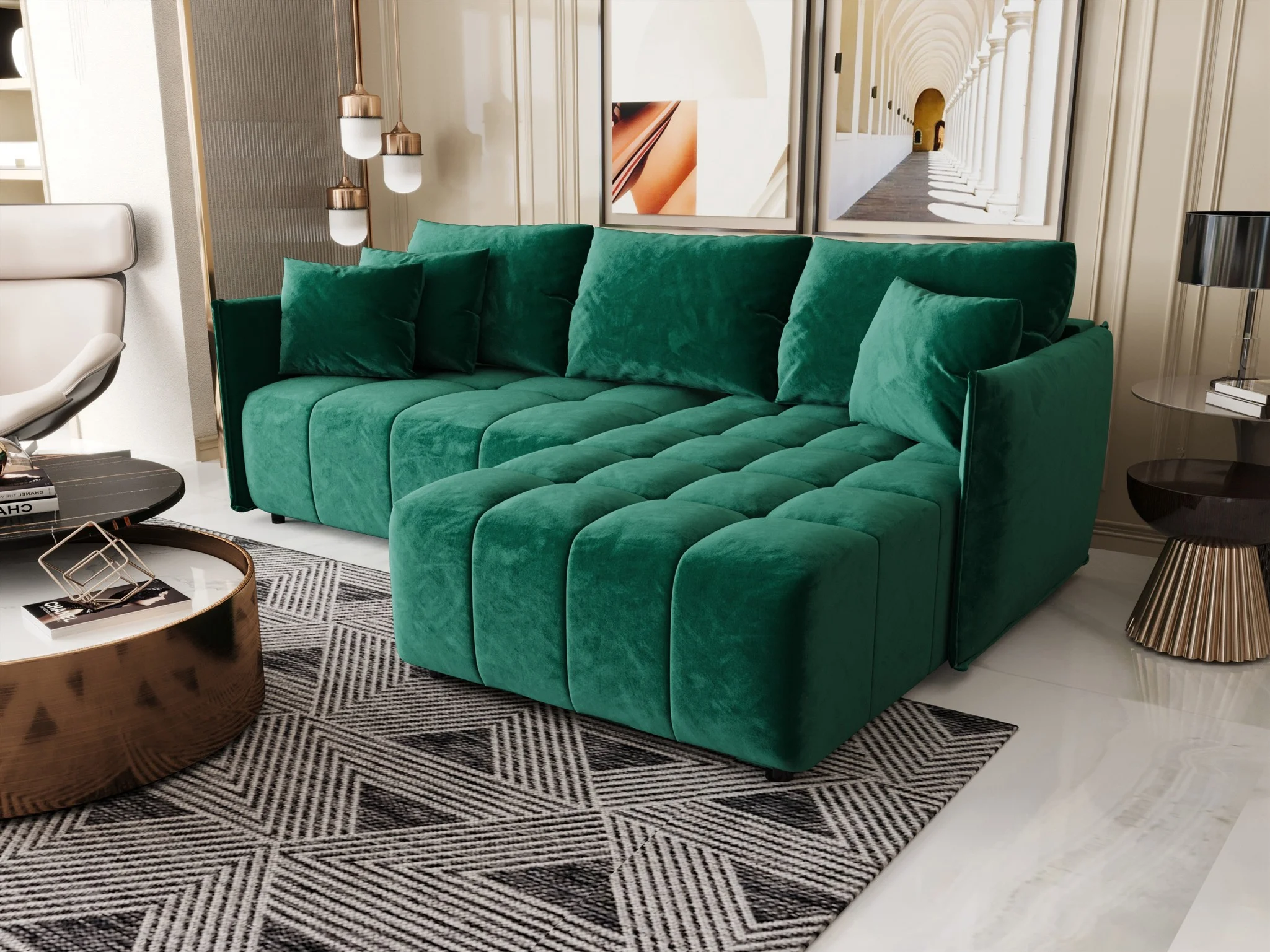Ecksofa Schlafsofa TREVISO Stoff Monolith Grün Ottomane Rechts - Fun Möbel